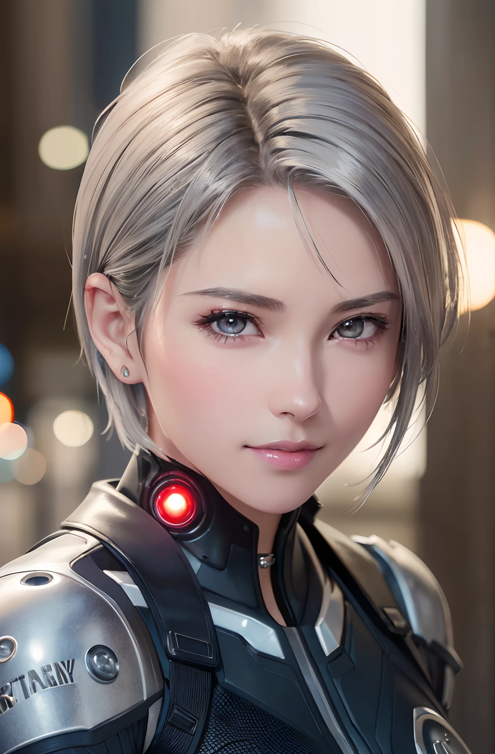 (8k, photorealistic, RAW photo, top quality: 1.4), (1girl), super beautiful, (realistic face), (boyish, silver-colored berry short hair), beautiful cyberpunk suit, glares seducing viewer, beautiful expression, beautiful breasts, (realistic skin), beautiful smile, (soldier), attractive, ultra high resolution, ultra realistic, high definition, spoiled