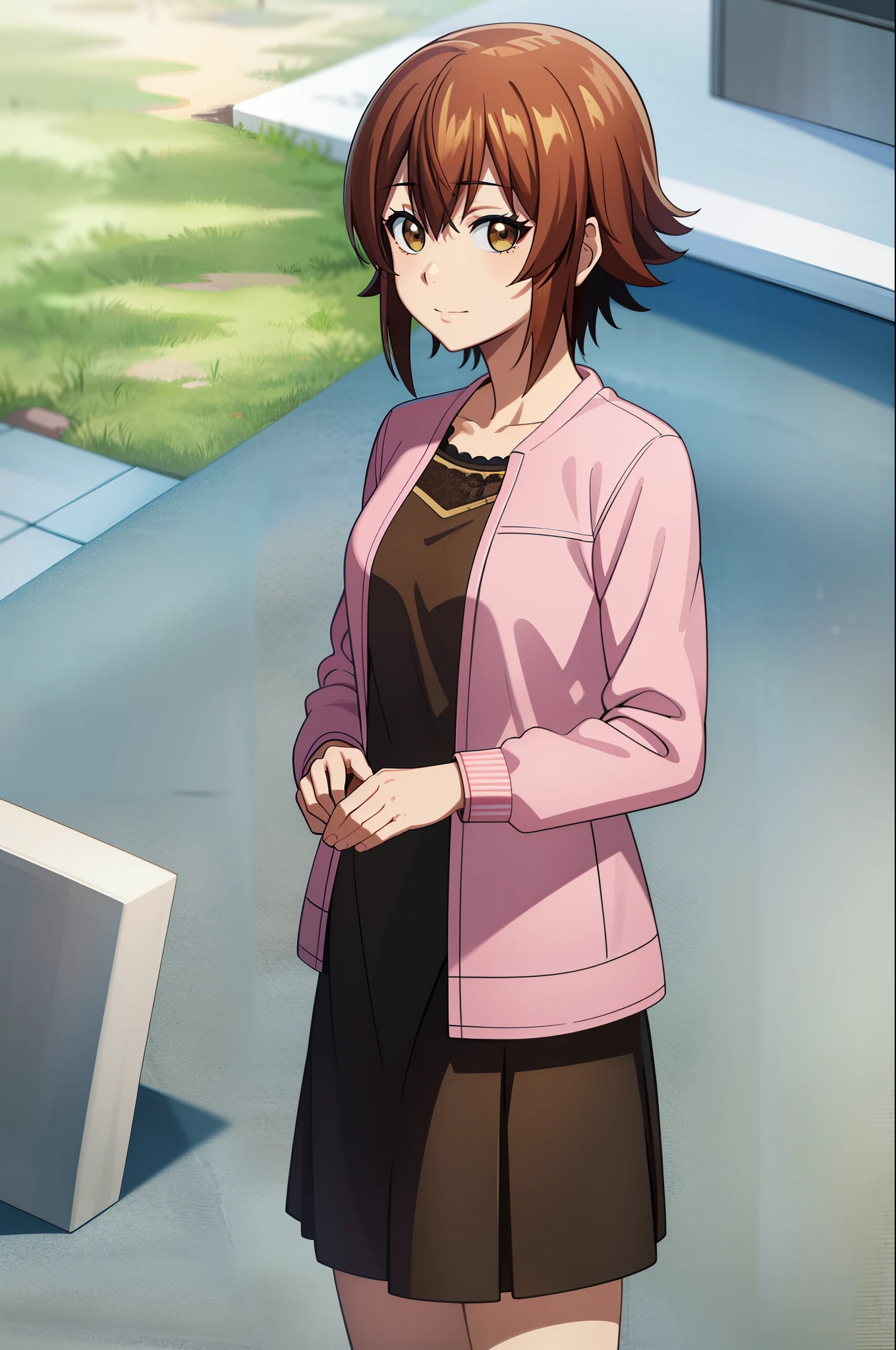 best quality, (masterpiece:1.2), highly detailed, standing, outdoors,
1girl, solo, kotegawa chisa,
looking at viewer, slight smile, closed mouth, upper body,
brown eyes, brown hair, short hair, black shirt, pink jacket