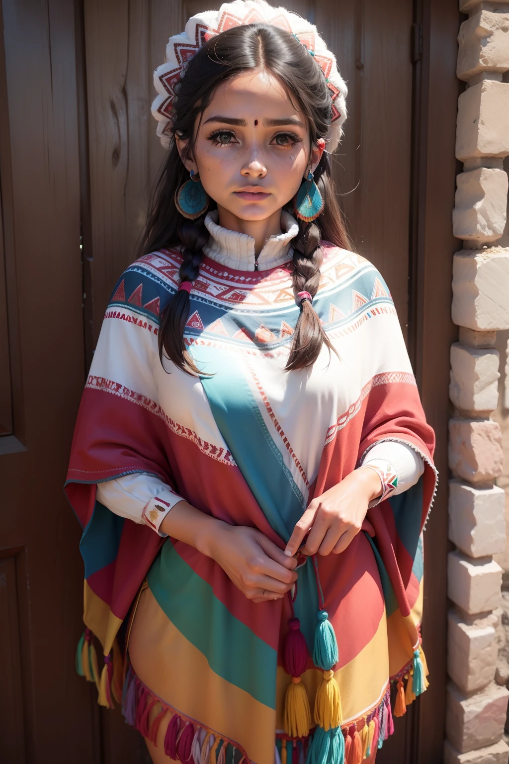 mujer vestida con ropa indigena nativa0 de sud america, resalta su poncho colorido sobre su cuerpo