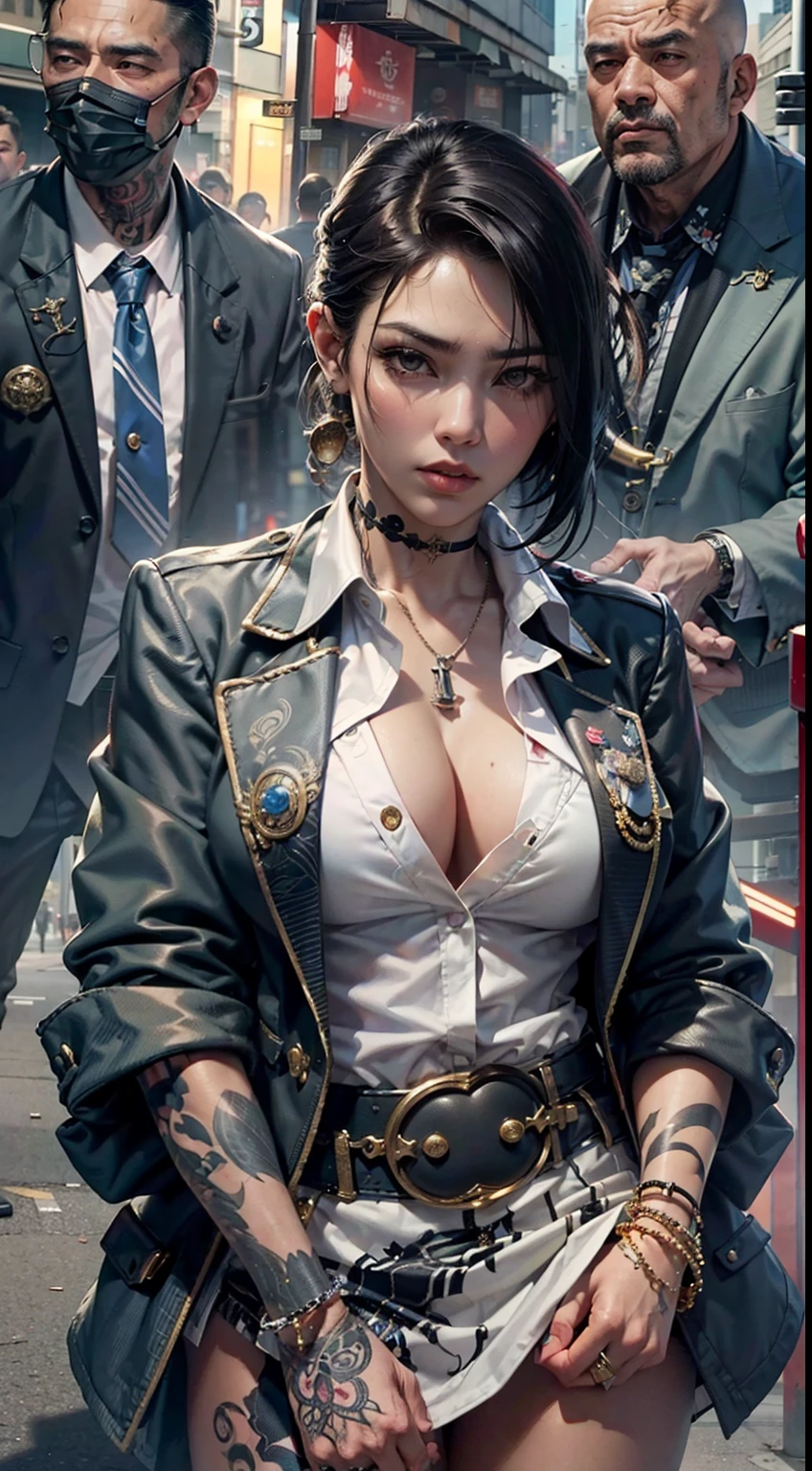 A gangster boss on the streets of Japan， A group of gang members stood behind，angry look，Mixed Korean，The background is blurred out，focal，电影灯光，(((tmasterpiece))), ((best qualtiy)), ((Complex and detailed)), ((ultra-realistic realism)), Ridiculous resolution, A MILF, Mature woman, ssee-through, highly  detailed, illustratio, 1girll, (huge tit), Thin waist and thick hips，long leges，beatiful detailed eyes, short detailed hair, brunette color hair, a purple eye, (Gangster suit:1.2),Tattooed with，Large flower arms，Full of tattoos，Japanese yakuza，Kamami Yamaguchi，Japanese Yamaguchi-gumi，Japanese yakuza woman，The Underworld，full tattoo，Gangster boss，Lunette de soleil，（a skirt），Gangster godfather，and there is blood on the corners of your mouth，Gang boss，There are scars on the face，bandage on hands，Bloody violence，Sexy and feminine，（No underwear），pantiess, detailed back ground, perfect  eyes, Seductive eye, （nice hand），Detail hands，looking at viewert，From the front，Wear light，（Bloody gangsters），Suit thugs，