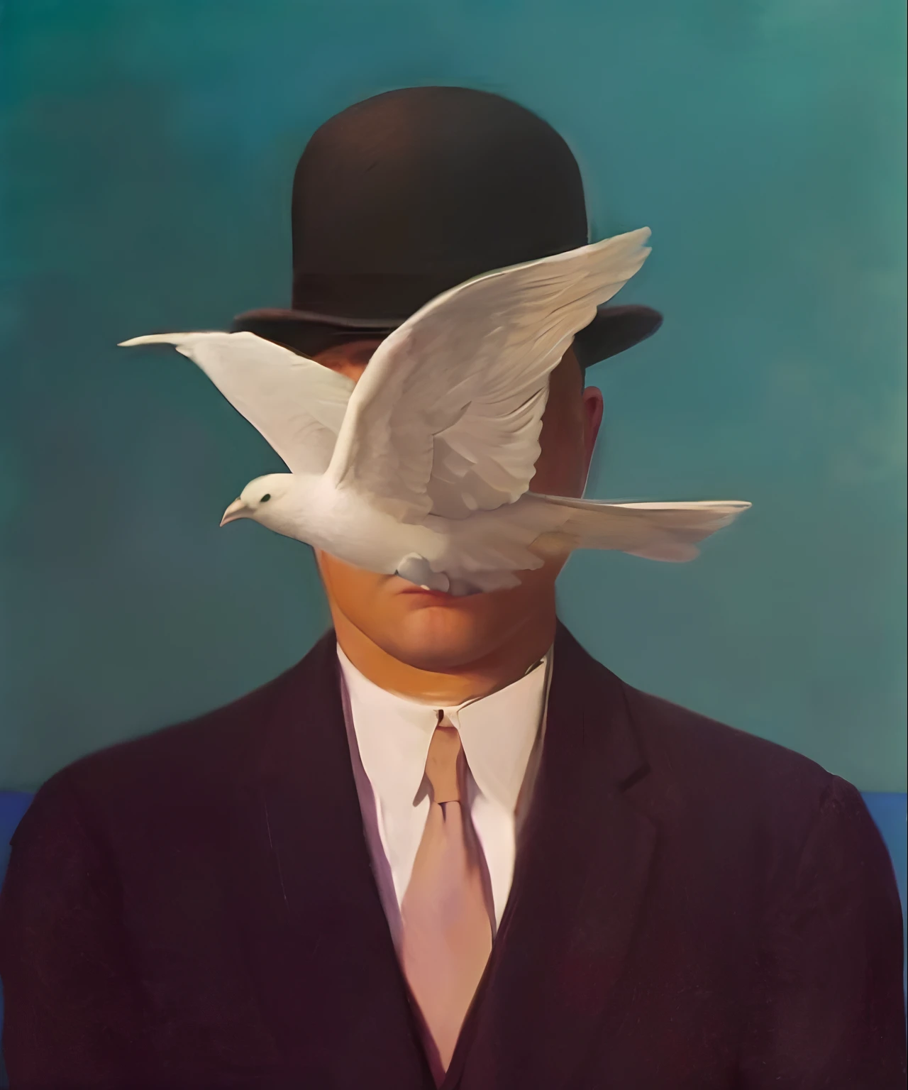 Image of a man in suit and hat with a real pigeon on his head, realista, Rene Magritte. circunstanciado, Rene Magritte. hiperdetalhado, pintura Magritte, Magritte, Directed by: Rene Magritte, Directed by: rene magritte, inspirado em Rene Magritte, inspired by rene magritte