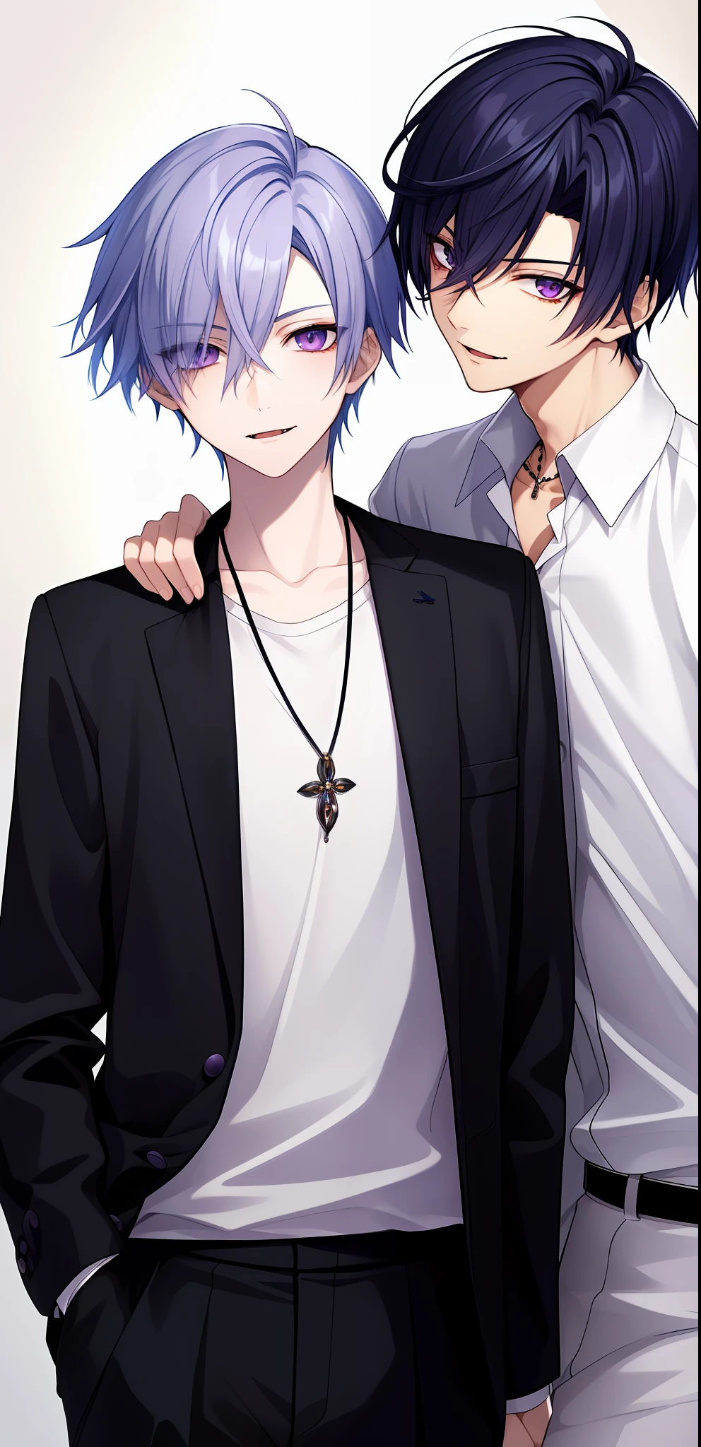 masterpiece, top-quality, 2Others, Male couple, 1 man and 1,, Adults, Height difference, different fashion, different color, finely eye and detailed face, intricate detailes, Casual clothing, Oversized shirt, Modern urban streets, A smile, Happiness, tenderness, queers, high-level image quality、 Two beautiful men、tall、The upper part of the body、nightfall、nighttime scene、𝓡𝓸𝓶𝓪𝓷𝓽𝓲𝓬、Korean Male, Idol Photos, k pop, Professional Photos, Vampires, Korean fashion in black and white, Fedoman with necklace, inspired by Sim Sa-jeong, androgynous vampire, :9 detailed face: 8, extra detailed face, detailed punk hair, ((eyes are brown)) baggy eyes, Seductive. Highly detailed, semi realistic anime, Vampires, hyperrealistic teen, delicate androgynous prince, imvu, short hair above the ears, Man with short hair, Purple-haired man with a glaring expression and a man with light blue hair with a gentle expression, With a short-haired man with bright purple hair, Man with light blue hair