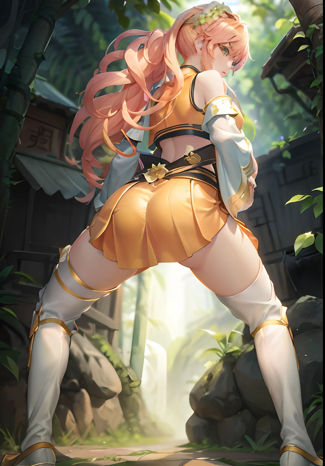 tmasterpiece, Best quality, (Detailed eyes and skin), ((Realistic)), jixiaoman, 1girll,A girl turns her back to the audience,beautiful anime girl crouching,jungle backdrop, Blonde_Hair, Pink_Hair, Yellow_clothes, black_clothes, Blue_Eyes, Blue_sky, Blurry, Blurry_Background, Blurry_foreground,, mediating_Breasts, Exercise_bblurry,nase,exteriors,photore_\(curly\),A plant,short detailed hair,独奏,