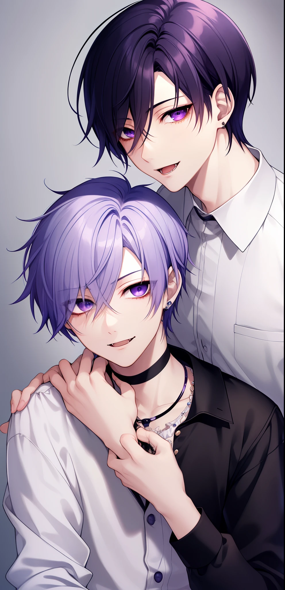 masterpiece, top-quality, 2Others, Male couple, 1 man and 1,, Adults, Height difference, different fashion, different color, finely eye and detailed face, intricate detailes, Casual clothing, Oversized shirt, Modern urban streets, A smile, Happiness, tenderness, queers, high-level image quality、 Two beautiful men、tall、The upper part of the body、nightfall、nighttime scene、𝓡𝓸𝓶𝓪𝓷𝓽𝓲𝓬、Korean Male, Idol Photos, k pop, Professional Photos, Vampires, Korean fashion in black and white, Fedoman with necklace, inspired by Sim Sa-jeong, androgynous vampire, :9 detailed face: 8, extra detailed face, detailed punk hair, ((eyes are brown)) baggy eyes, Seductive. Highly detailed, semi realistic anime, Vampires, hyperrealistic , delicate androgynous prince, imvu, short hair above the ears, Man with short hair, Purple-haired man with a glaring expression and a man with light blue hair with a gentle expression, With a short-haired man with bright purple hair, Man with light blue hair