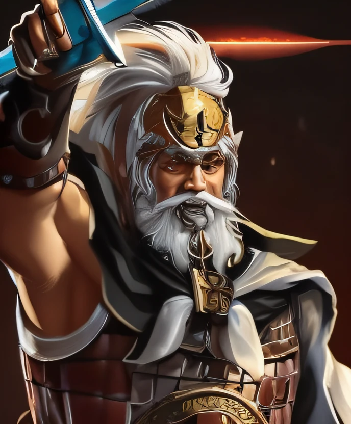Bearded old man holding a sword