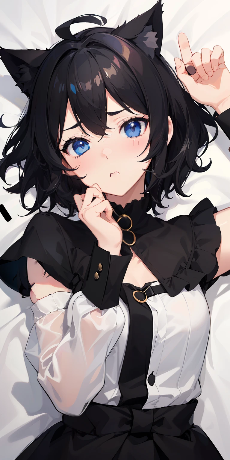 ((best quality, high_resolution, distinct_image)),(Black hair), (black cat ears), (ahoge), (absurdly short hair), (wavy hair), (blue eyes),holdingt.sleeping ,frown.line sticker.from face.a very cute