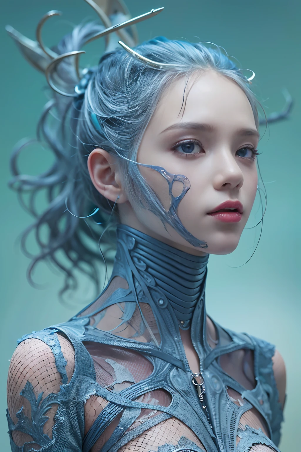 1girl in, surrealism, Verism, Anatomically correct, Textured skin, masuter piece, high details, awardwinning, hight resolution, 8K,Unevenness of the skin,20yr old, blue backgroud