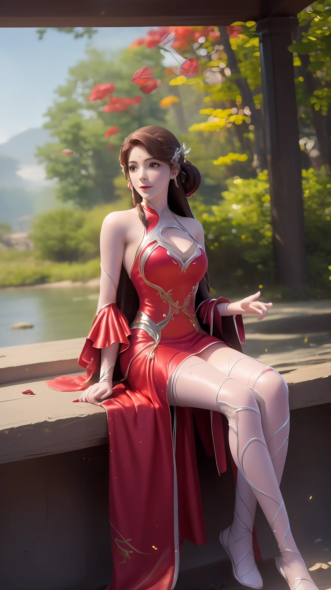 The Araved woman in a dress sits on a red bench by the water, a photorealistic painting inspired by Magali Villeneuve, cgsociety contest winner, Fantasy art, wearing gilded red robes, lady in red armor, wearing gilded red royal robes, Gorgeous Role Play, scarlet witch costume, wearing wizard robes, robe, aly fell and artgerm