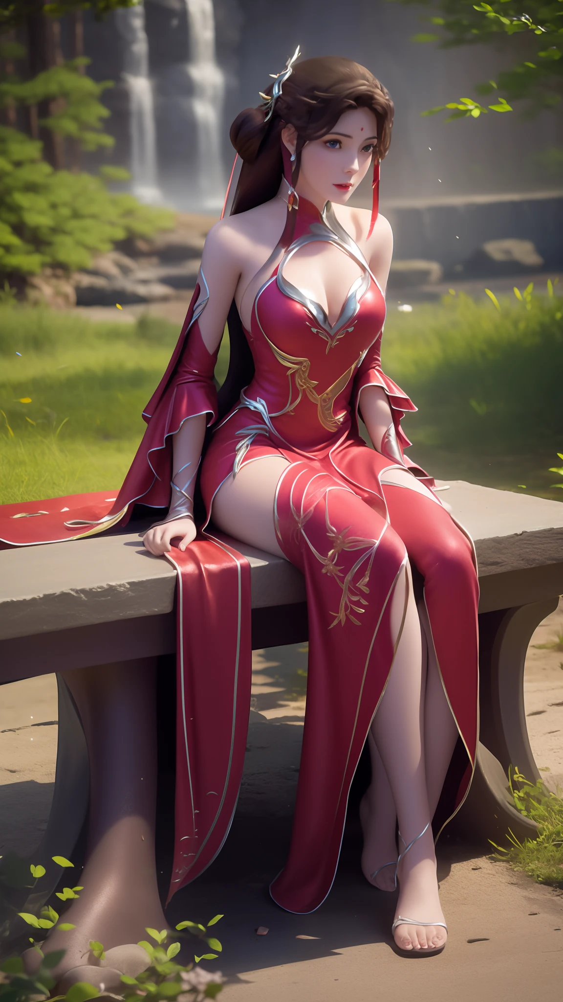 The Araved woman in a dress sits on a red bench by the water, a photorealistic painting inspired by Magali Villeneuve, cgsociety contest winner, Fantasy art, wearing gilded red robes, lady in red armor, wearing gilded red royal robes, Gorgeous Role Play, scarlet witch costume, wearing wizard robes, robe, aly fell and artgerm