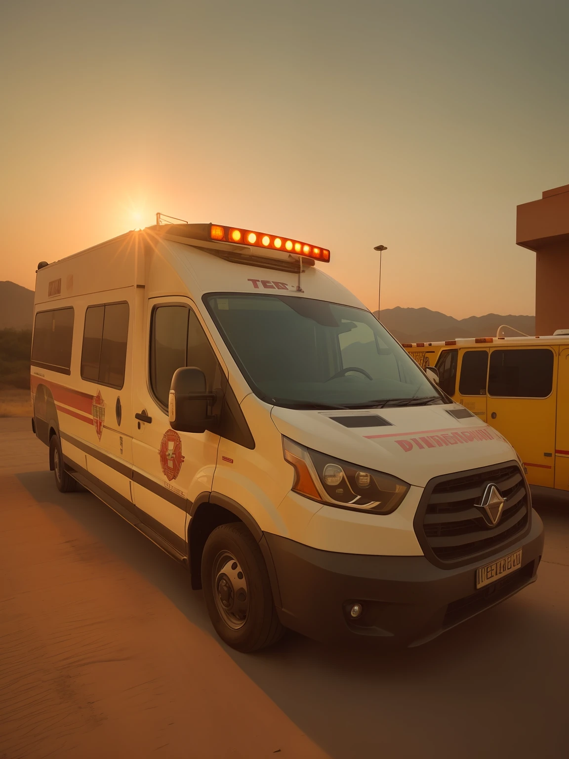 There is a red ambulance parked in a lot, testa cheia, testa, 3/4 vista frontal, Dispositivo completo, Completo - Vista, Directed by: Karl Völker, vista frontal lateral, bottom angle, frontal angle, ambulance, Directed by: Robert Zünd, Vista lateral, lado - vista, Directed by: Josef Dande, tiro de corpo inteiro