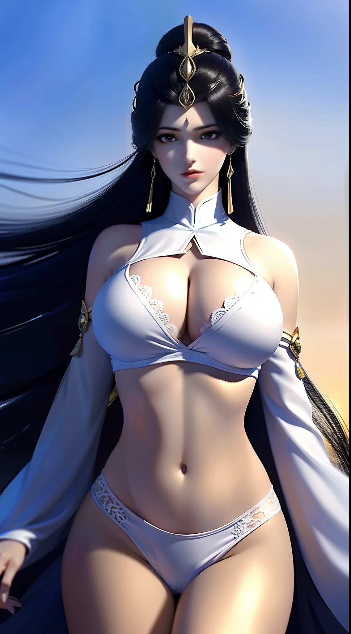 tmasterpiece，Need，（（A girl）），Wearing a milky white bikini，White lace bra，huge tit，Open abdomen，Bare thighs，perfect bodies，largeeyes，Smart，（black color hair），long whitr hair，hair adornments，Ji hair style，eardrop，Be red in the face，is shy，prette，facing to audience，facing at camera，full bodyesbian，Above the calves，Old city background，The end of the world，run-down，Silence，Lifeless，depth of fields，midday，wallpaper hd，The most intricate details，Highest high resolution，best illuminate，best qualtiy，Faraway view，closeup of face