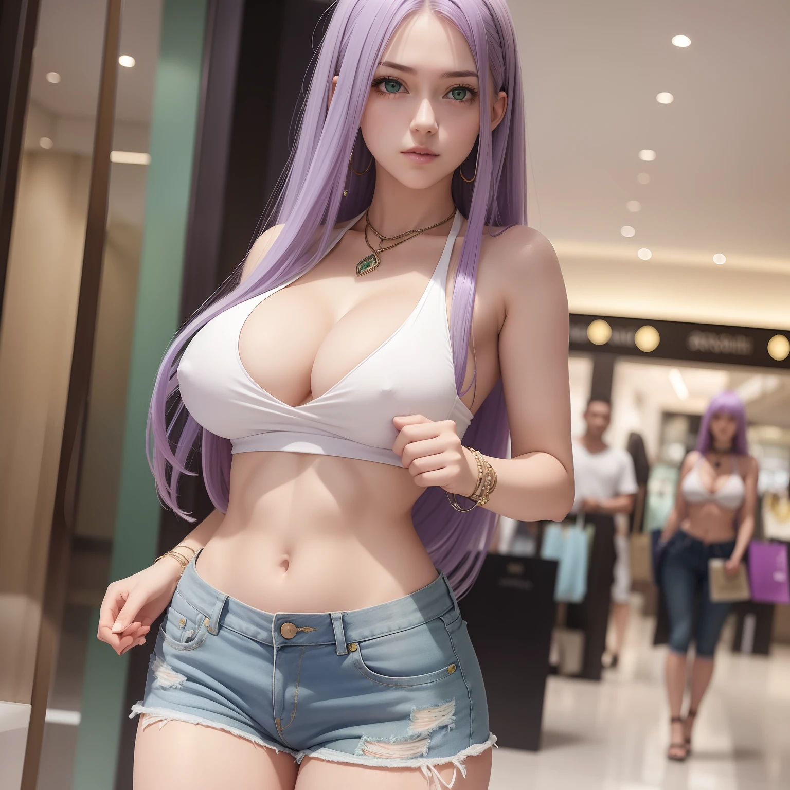 1girl, long light purple hair, green eyes, low cut white top, short denim shorts, shopping mall, cleavage, no bra, large chest, jewelry, soft abs, nipples