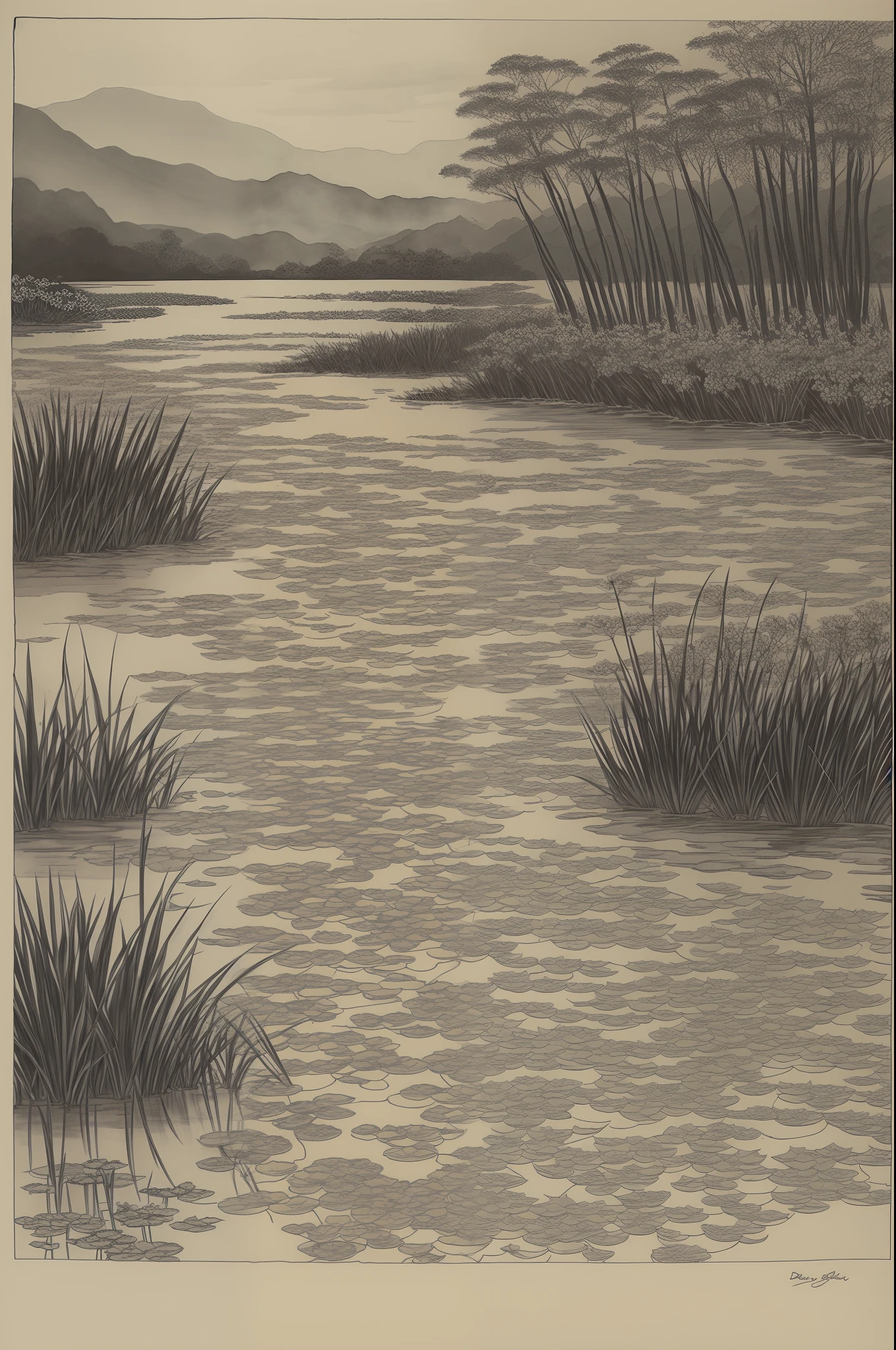 drak,carp,lotuses,ink wash style,