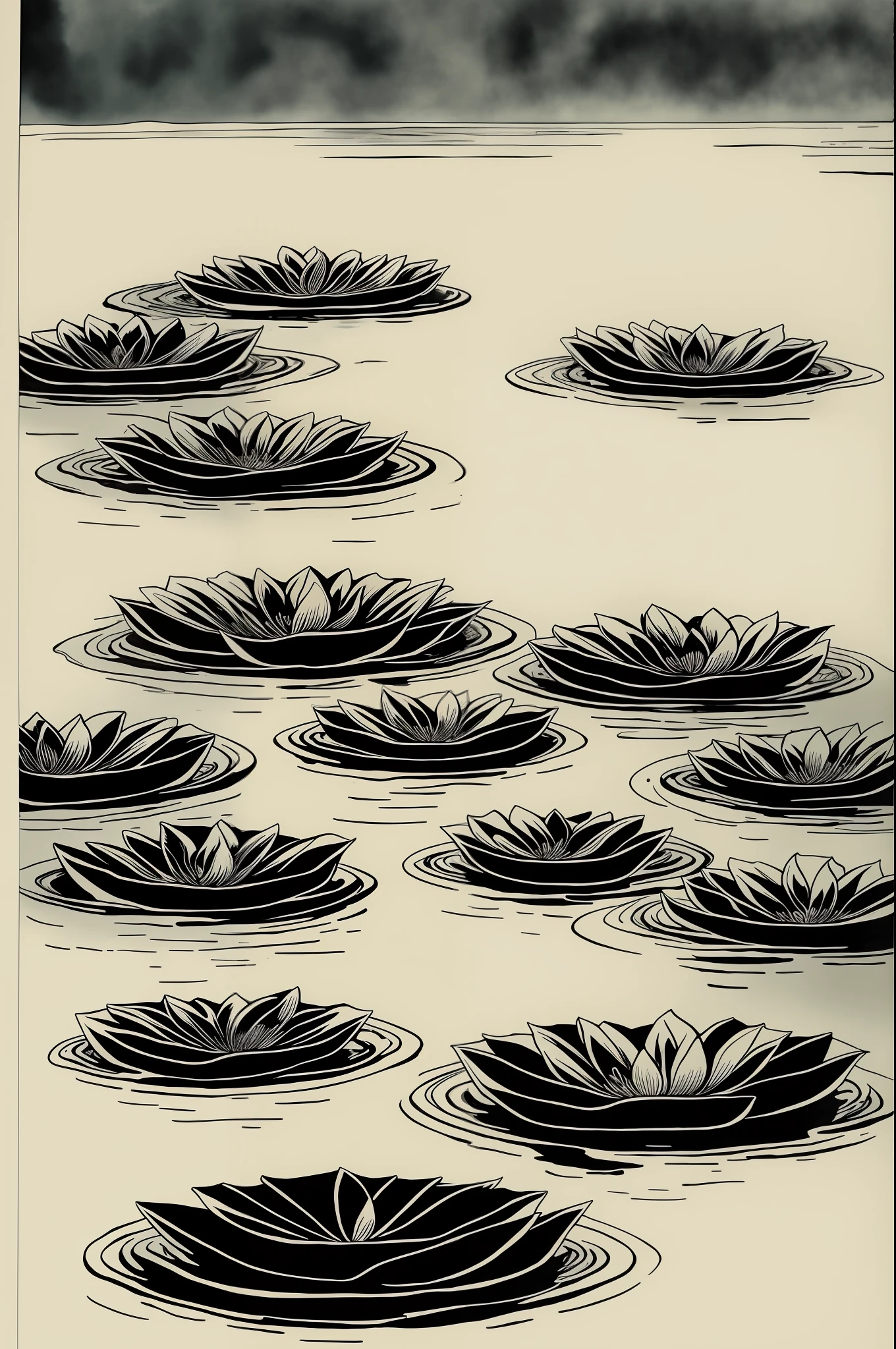 drak,carp,lotuses,ink wash style,