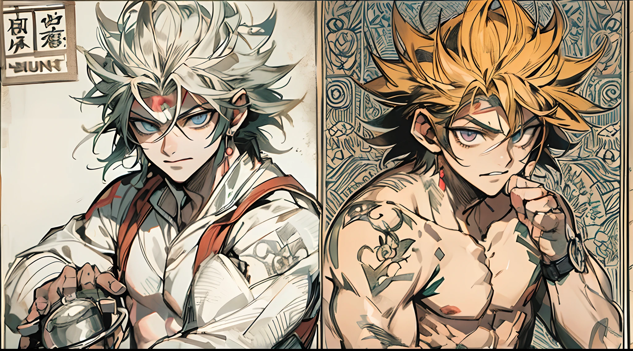 Un primer plano de un hombre rudo con tatuajes en el pecho y brazosas,en un gimnasio de boxeo,Chico guapo en el arte de Demon Slayer, Personaje masculino de anime, Arte detallado del personaje de anime, inspired by Itō Ogura Yonesuke, muscular character, Personaje de anime, Estilo anime masculino, Personaje de estilo anime, inspired by Munakata Shikō, Cuerpo completo del personaje, Arte digital de Danganronpa,alta calidad,muy detallado,pelo corto,ojos oscuros,mirada desafiante,cadenas,sin camisa,reloj,pulceras,tatuajes detallados por todo el cuerpo,