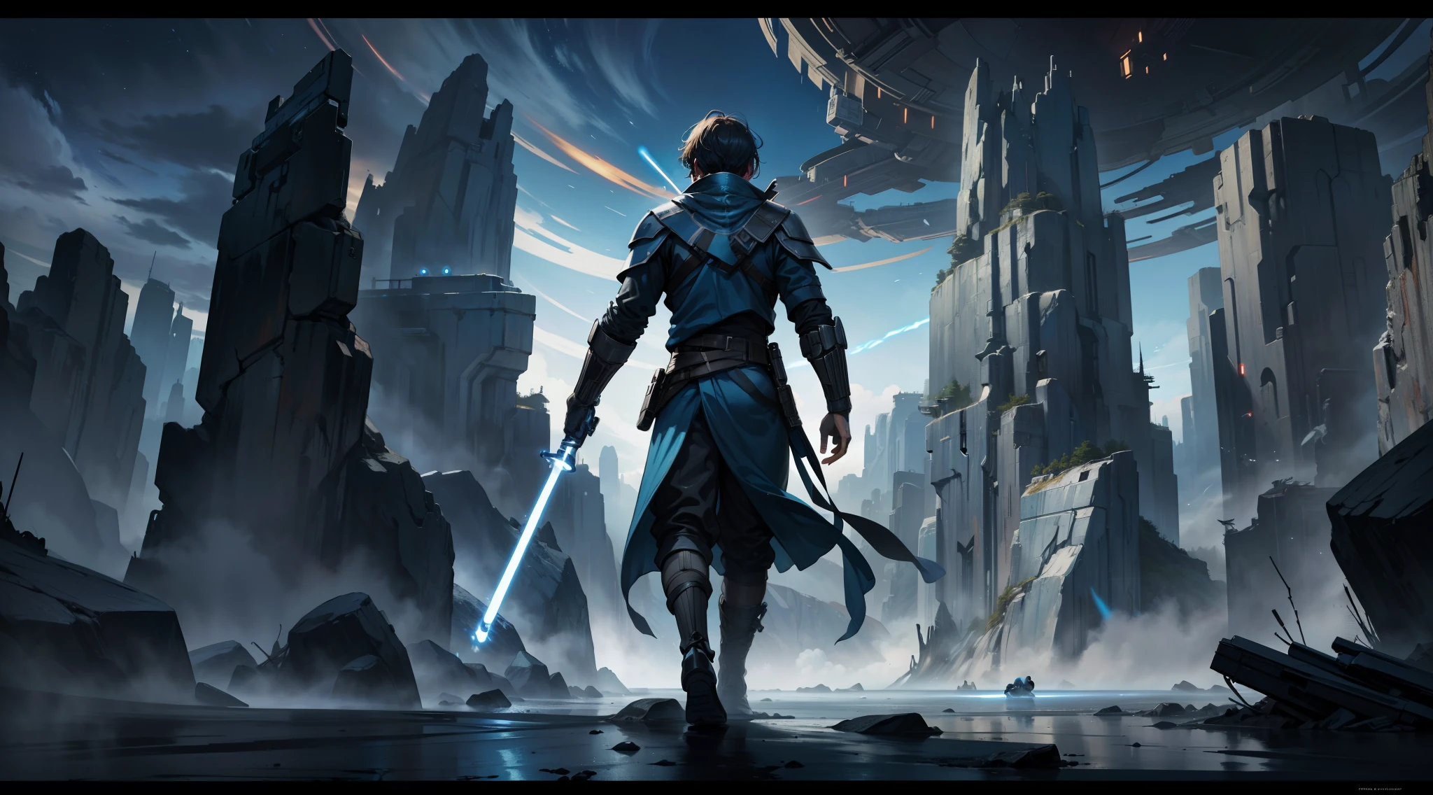 A Jedi Knight is fighting in a pitched battle with his blue lightsaber on an alien planet, ACTION SCENE, cinematic scenery, panoramic view, ultra definition, very high resolution, 8k, volumetric light, dynamic composition, intricate details, masterpiece