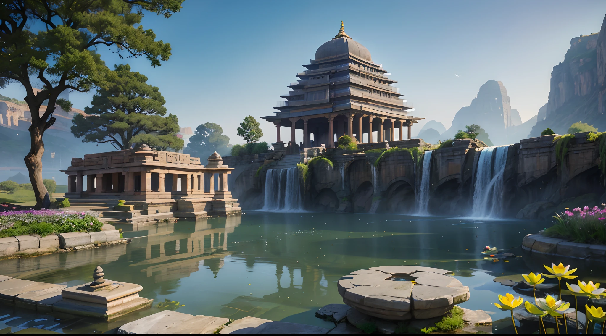 Ancient indian architecture, old tample, cool colors, dark night, moon, lake, flower garden, lotus lake, stone bridge, rockery, arch, corner, tree, running water, landscape, outdoor, waterfall, grass, rock, dense fog, (Illustration: 1.0) , Epic Composition, HD Details, Masterpiece, Best Quality, (Very Detailed CG Unity 8k Wallpapers) --v 6