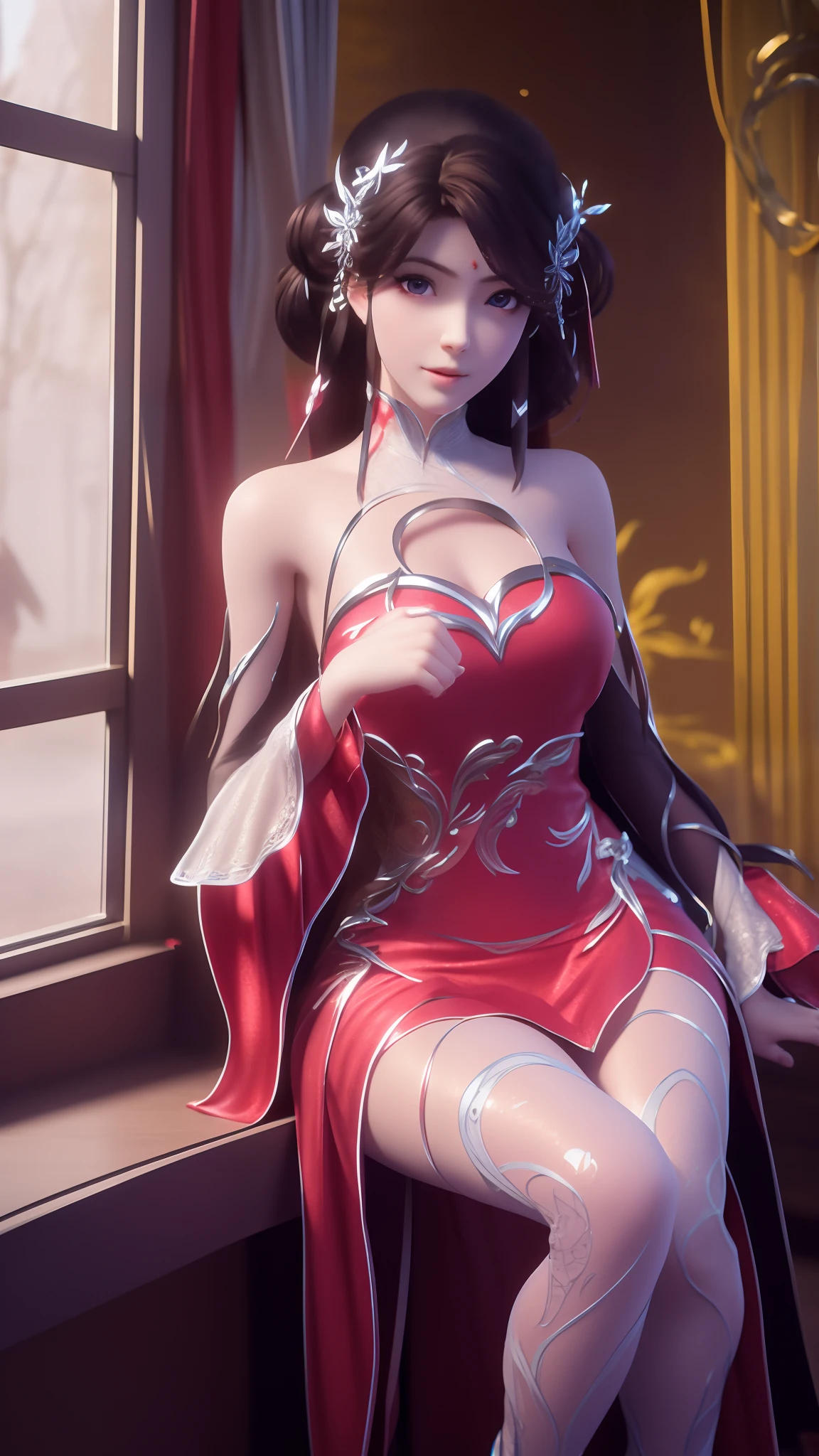 Arad woman in blue dress sitting on windowsill, cute anime waifu in a nice dress, trending on cgstation, 8K high quality detailed art, anime barbie in white stockings, highly detailed exquisite fanart, Extremely detailed Artgerm, the anime girl is crouching, flowing magical robe, beautiful and seductive anime woman, WLOP and Sakimichan