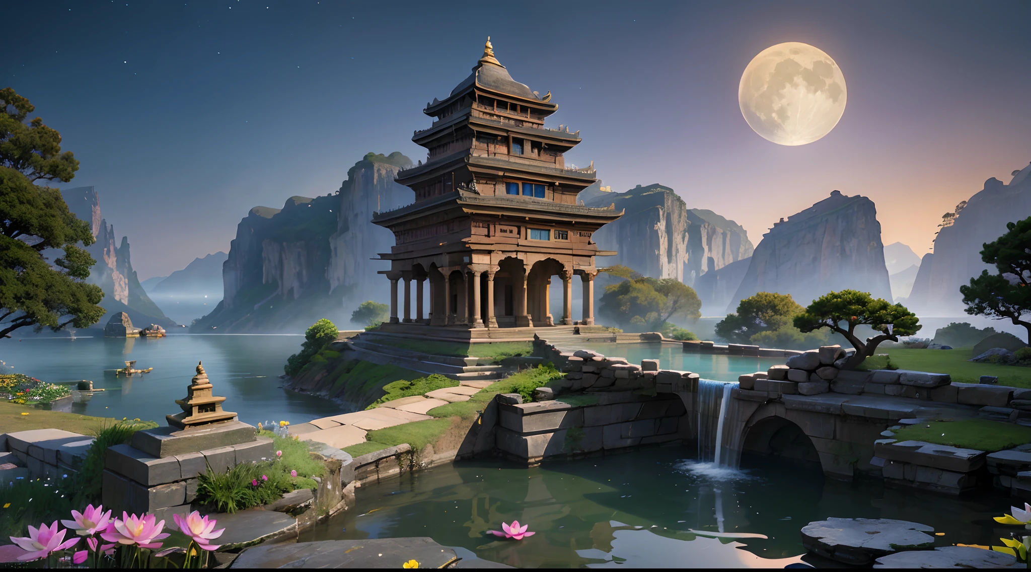 Ancient indian architecture, old tample, cool colors, dark night, moon, lake, flower garden, lotus lake, stone bridge, rockery, arch, corner, tree, running water, landscape, outdoor, waterfall, grass, rock, dense fog, (Illustration: 1.0) , Epic Composition, HD Details, Masterpiece, Best Quality, (Very Detailed CG Unity 8k Wallpapers) --v 6