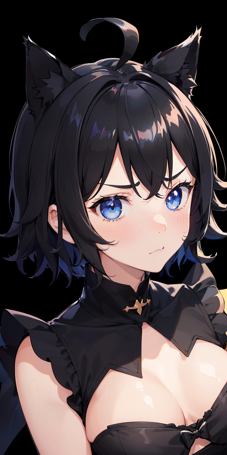 ((Best Quality, high_resolution, Distinct_image)),(Black hair), (Black cat ears), (Ahoge), (absurdly short hair), (Wavy Hair), (Blue eyes),Holding.frown.Line Stickers.From the face.a very cute、full bodyesbian、