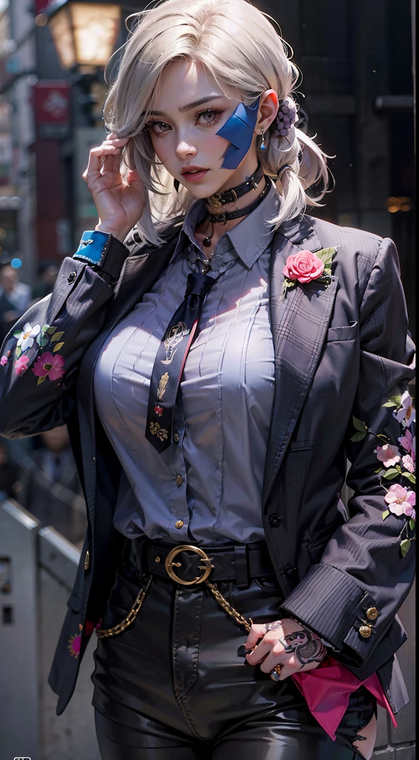A gangster boss on the streets of Japan, A group of gang members stood behind,angry look,Mixed Korean,The background is blurred out,focal,电影灯光,(((tmasterpiece))), ((best qualtiy)), ((Complex and detailed)), ((ultra-realistic realism)), Ridiculous resolution, A MILF, Mature woman, ssee-through, highly detailed, illustratio, 1girll, (huge tit), Thin waist and thick hips,long leges,beatiful detailed eyes, short detailed hair, brunette color hair, a purple eye, (Gangster suit:1.2),Tattooed with,Large flower arms,Full of tattoos,Japanese yakuza,Kamami Yamaguchi,Japanese Yamaguchi-gumi,Japanese yakuza woman,The Underworld,full tattoo,Gangster boss,Lunette de soleil,(a skirt),and there is blood on the corners of your mouth,Gang boss,There are scars on the face,bandage on hands,Bloody violence,Sexy and feminine,(No underwear),pantiess, detailed back ground, perfect eyes, Seductive eye, (nice hand),Detail hands,looking at viewert,From the front,Wear light,(Bloody gangsters),Suit thugs,