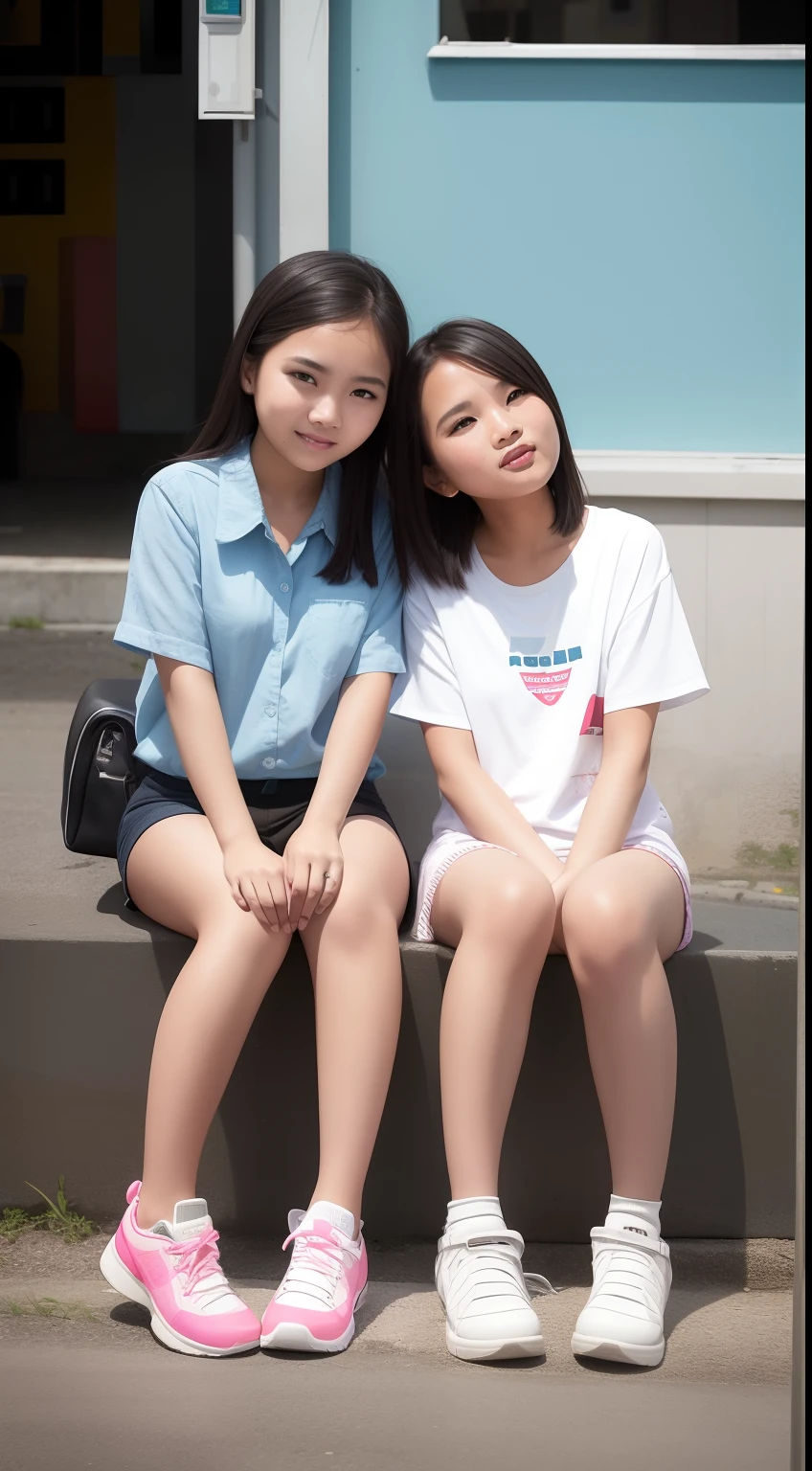 two malay girls are  chatting on the side of the road, next to the store building, medium shot, portrait photograpy, shoot using EOS-1D X Mark III, professional photograpy, ray lighting,