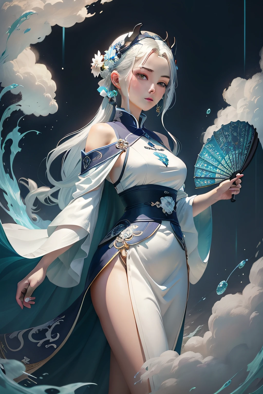 Cover of Xiuxian novel,raining day,under rain,woman,White hair and white clothes,Wearing a Taoist robe,Transparent fan in hand,There are clouds and rain on the fan,It's like being blown by the wind,Naturally occurring the same,cultivating immortals。There should be clouds in the background,Close-up of a fan with green leaves on top, concept art inspired by Li Mei-shu, trending on polycount, conceptual art, Onmyoji detailed art, stylised storm, ,Style illustration of woman in blue dress and white hair, Onmyoji detailed art, painted in the style arcane, ceremonial clouds, Asian Woman Water Elemental, iridescence water elemental,The character should be physically frontal,There is a sense of God,It looks blue-white,The background should have clouds,dark cloude,Bring a little bit of ancient Chinese architecture,The fan should be white and transparent,With a little cyan there is a woman in a white dress and a blue cape, Palace , A girl in Hanfu, Artistic trends in the Guvez style, a beautiful fantasy empress, fertile