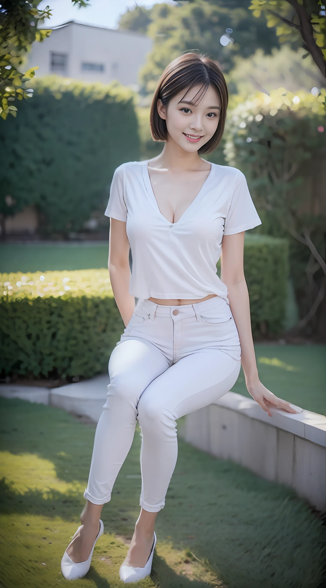 1 beautiful woman taking pictures on the grass of the villa,RAW photos,tmasterpiece,(highdetailskin:1.2),8k ultra high definition,digital SLR camera,gentlesoftlighting,high high quality,filmgrain,富士XT3,20 years old Asian woman,Wear simple clothes,(White long nurse uniform:1.2 and long skinny jeans:0.7,Detailed clothing details:1.3),perfect body figure,Perfect breasts and nipple bulge,The legs are straight and slender,Branded stylish shoes:0.6,Super detailed facial details and skin,Fair pink face and skin,The skin is pink,with light glowing,二重まぶた,Super detailed eyes,Sweet smiling,Short ponytail hair, (Gloss on lips, eyeslashes, Glossy face, Best quality, Super high resolution, warm color,Wide lighting, naturalshadow),leg apart,Sit on grass, Show off your beautiful body, Full body shooting: 1.8