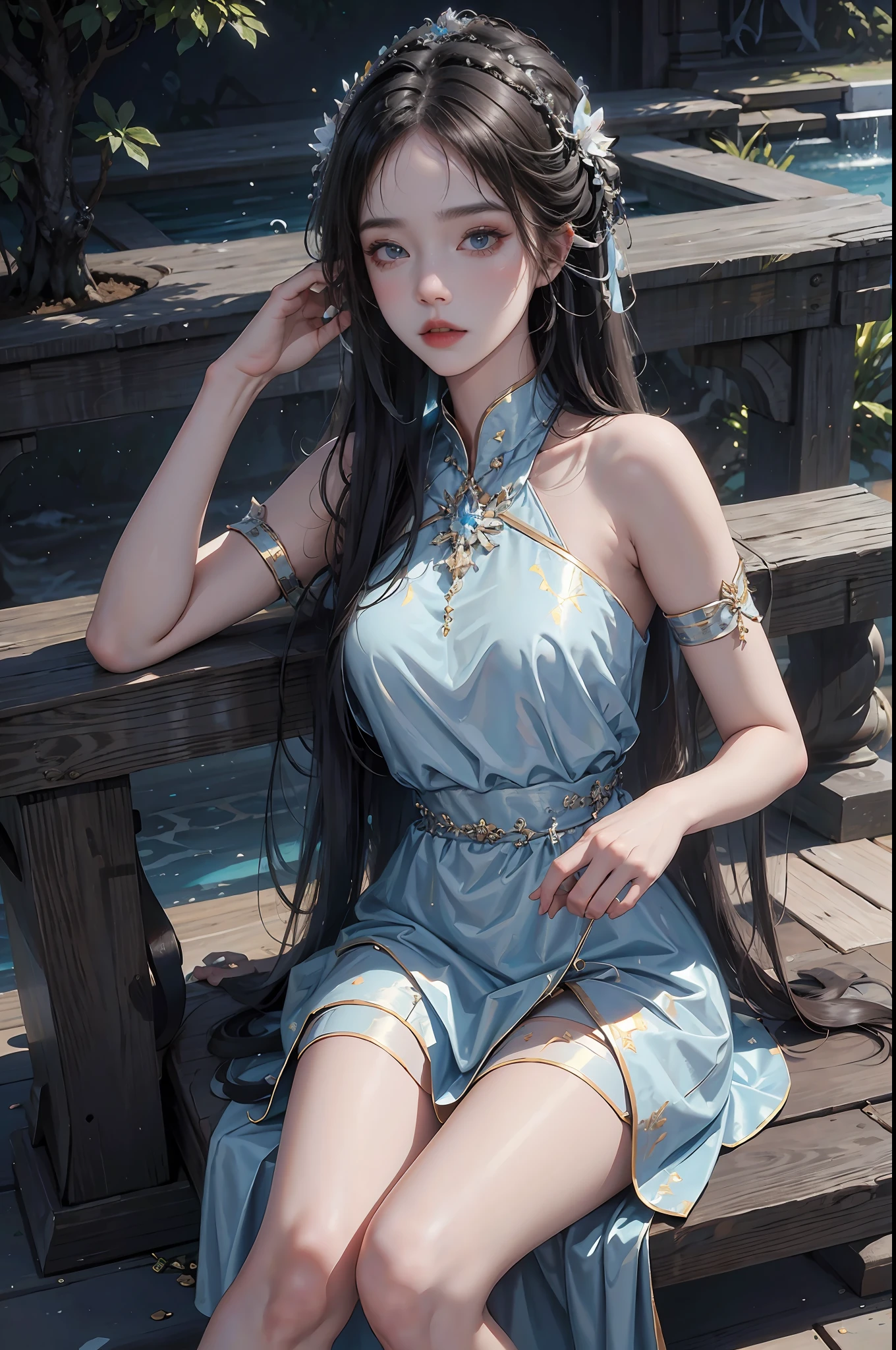 (best qualtiy, 8K,realisticlying，photore，tmasterpiece:1.3)，3D，One hand on the ground, The other rubs the hair，sitting at the edge of pool，Legs crossed，wearing blue dress，blackstockings，Exquisite facial features，Smoky makeup，lipsticks，cosplay，very pretty girl，1girll，Highly detailed facial and skin texture, A detailed eye, Whiten skin，