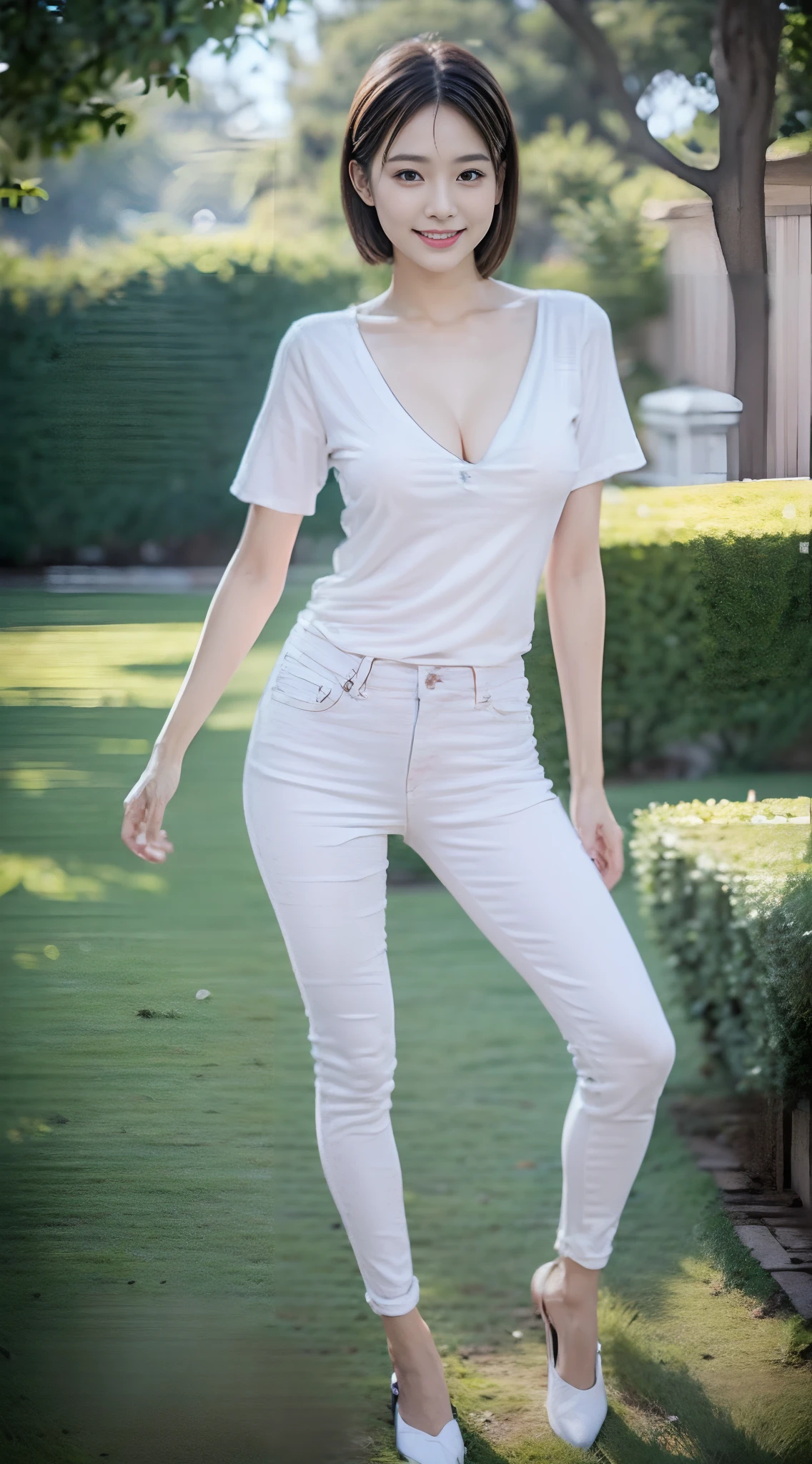 1 beautiful woman taking pictures on the grass of the villa，RAW photos，tmasterpiece，（highdetailskin：1.2），8k ultra high definition，digital SLR camera，gentlesoftlighting，high high quality，filmgrain，富士XT3，20 years old Asian woman，Wear simple clothes，（White long nurse uniform:1.2 and long skinny jeans:0.7，Detailed clothing details:1.3），perfect body figure，Perfect breasts and nipple bulge，The legs are straight and slender，Branded stylish shoes:0.6，Super detailed facial details and skin，Fair pink face and skin，The skin is pink，with light glowing，二重まぶた，Super detailed eyes，Sweet smiling，Short ponytail hair， (Gloss on lips, eyeslashes, Glossy face, Best quality, Super high resolution, warm color，Wide lighting, naturalshadow),leg apart，Sit on grass， Show off your beautiful body, Full body shooting: 1.8