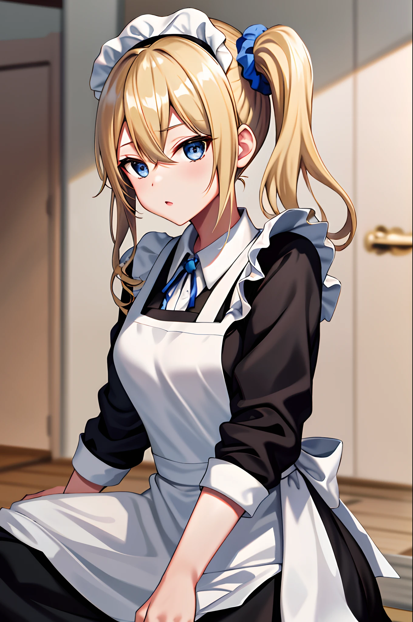 masterpeace, best quality, highres, 1girl, hayasaka ai, solo, blonde hair, maid, blue eyes, side ponytail, hair scrunchie, hair ornament, blue scrunchie, maid headdress, apron, hair between eyes, breasts, long sleeves, bangs, white shirt, black dress, sidelocks, maid apron, black pantyhose,  :i, cleaning, room,