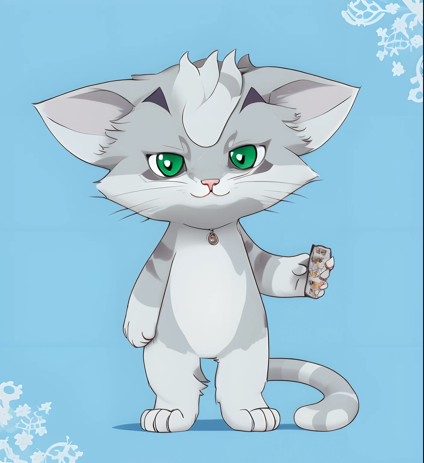 There is a cartoon cat,The rat in his hand, Sora as a cat, silver eyes full body, fat chibi grey cat, ashfur from warrior cats, fursona!!!!, full body adoptable, fursona art, furaffinity fursona, fursona commission, an anthro cat, lineless, professional furry drawing, fursona furry art commission