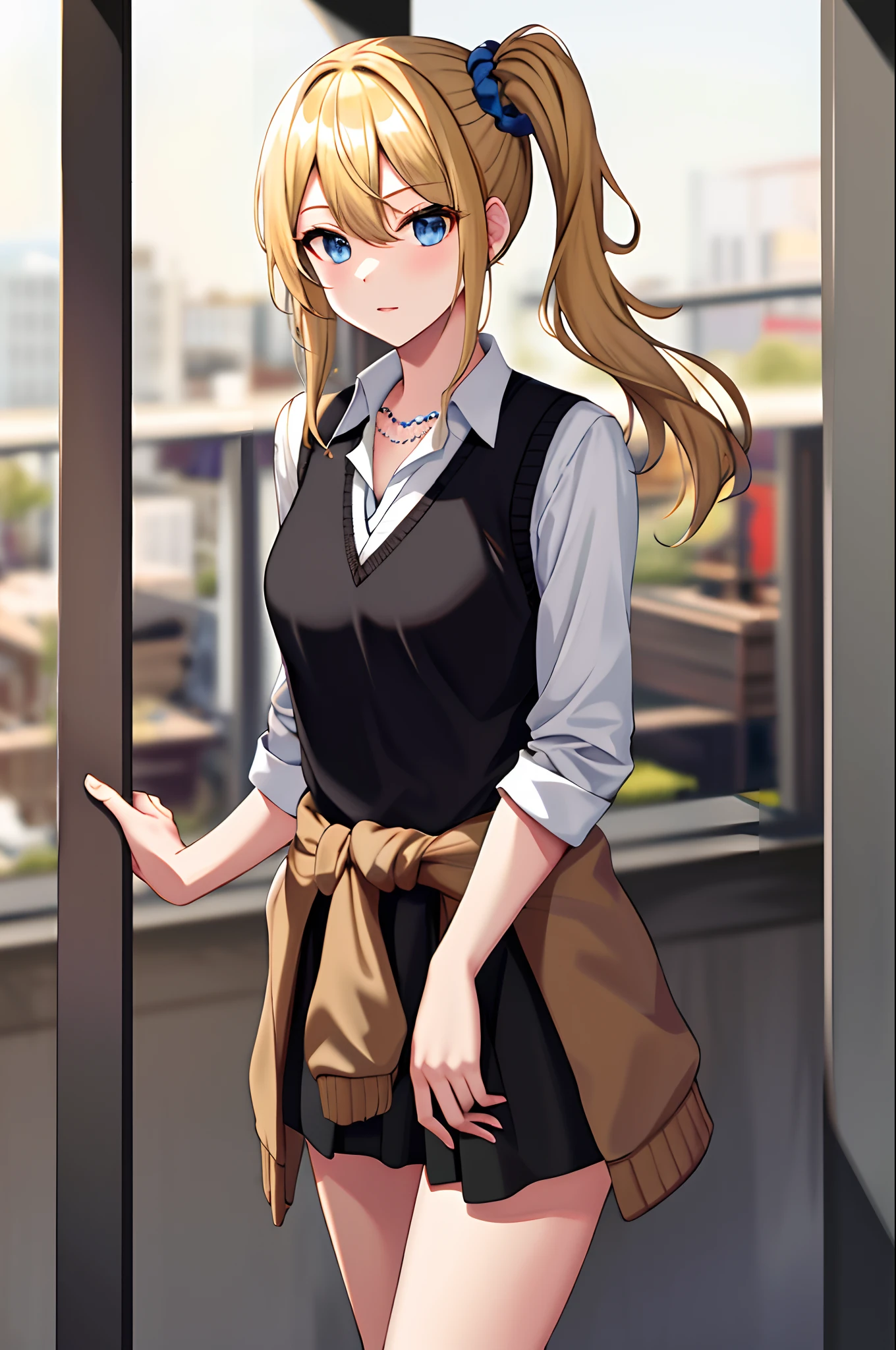 masterpeace, best quality, highres, 1girl, solo, hayasaka ai, blue scrunchie, side ponytail, hair between eyes, blue eyes, blonde hair, hair ornament, breasts, school uniform, collared shirt, hair scrunchie, clothes around waist, bangs, black socks, black vest, long hair, long sleeves, cardigan, sidelocks, kneehighs, dress shirt, necklace, collarbone, black dress, jewelry, sweater, cowboy shot, standing,