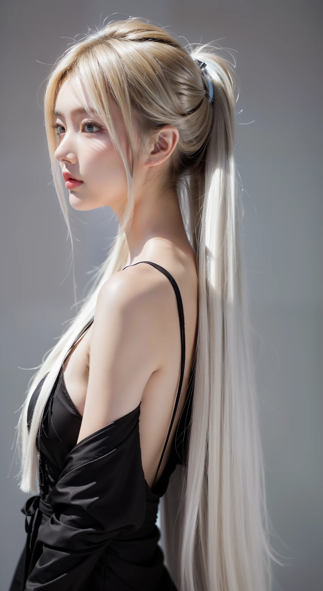 A beautiful woman standing, wearing bikini, pale skin, smooth pale skin, perfect body, back view, white hair, ponytail hair, HD, perfect back