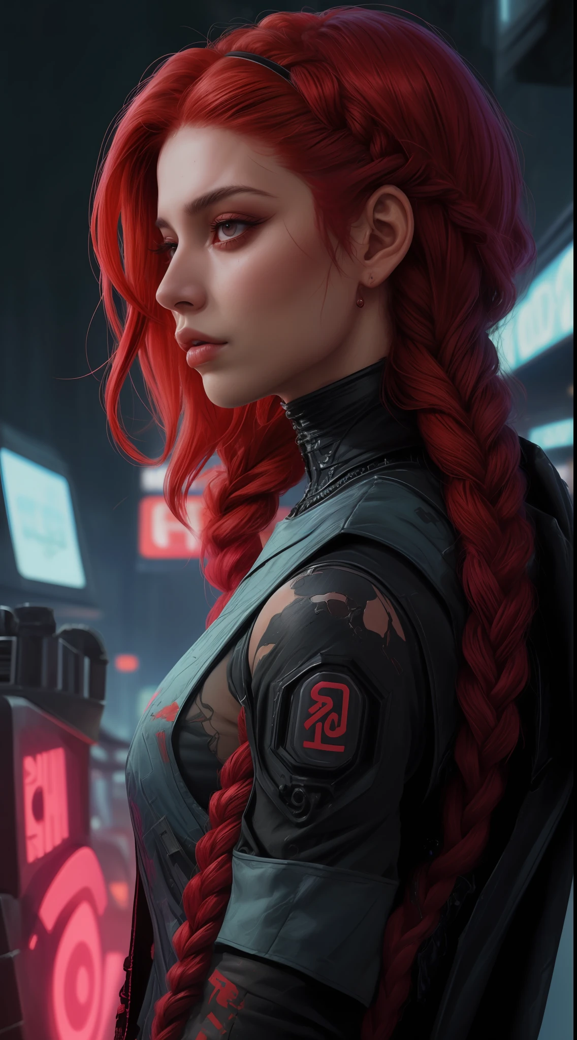 1 Egyptian woman in profile ,close up angle, red hair braids, Sexy short jumpsuit clothes,( torn shirtless jumpsuit),seios grandes , ,fundo cyberpunk neon a noite ,8K Ultra realista