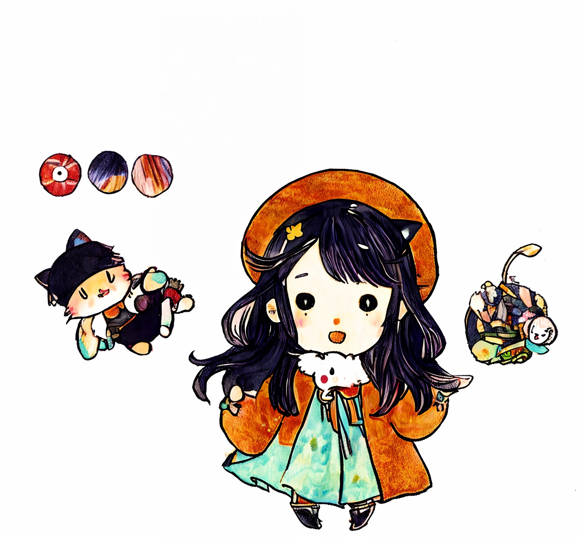 Anime girl in hat and cat with fan, lovely art style, Cute cartoon style, Cute anime style, Cute cartoon character, Cute cartoon, 🍁 Cute, adorable digital art, cute kawaii girls, cute character, hand painted cartoon art style, Cute detailed digital art, seasons!! : 🌸 ☀ 🍂 ❄, Cartoon Cute, Anime art style, Cute colorful cute hands raised above your head,having fun