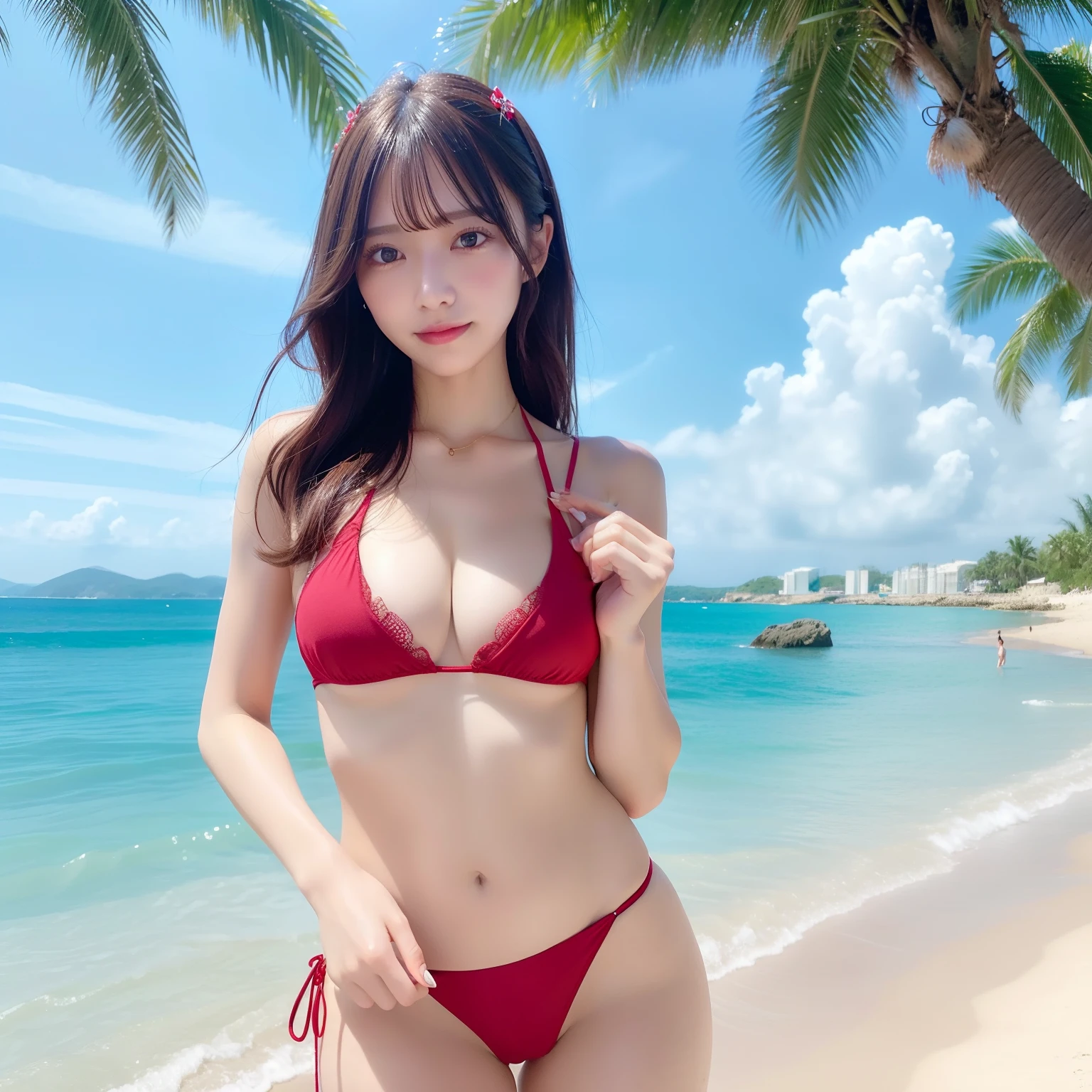 masterpiece, hightquality, face perfect, beautiful countenance, see through bikini, String bikini , Red Bikini, small tight and ultra thin 2 piece swim suit, cleavage of the breast,(Big G Cup), perfect round breasts, 小柄, skiny, Perfect female body, ((narrow waists))), Fancy, rich, high class, curlyhair, bangss, horizon, Mare, blue open sky, playing in the water, realisitic, vague, under the boobs, Splashing, a navel, wet, a wet body, thighs thighs thighs thighs,((frombelow))),is standing, looking at the viewers, red blush, Racy underwear))), NSFW, (eyecontact)、Coastline with people、Photo background、presentation、flawless skin、pretty skin、Soft skin、shinny skin、intricate detailes、delicate patterns、