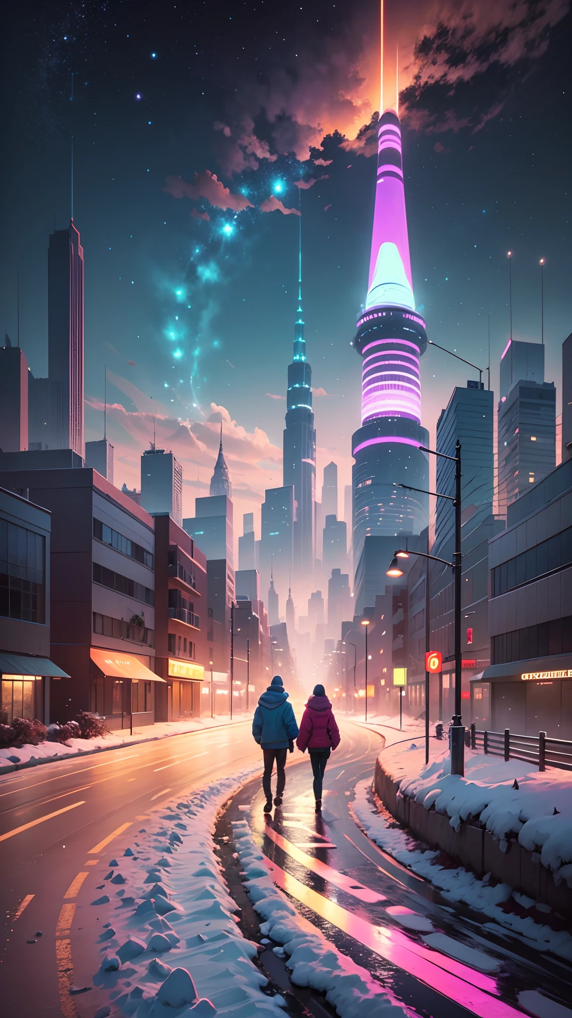 anime scenery of a city with a tower and a person walking on a snowy path, cosmic skies. by makoto shinkai, beautiful anime scene, makoto shinkai cyril rolando, anime background art, beautiful anime scenery, anime art wallpaper 4k, anime art wallpaper 4 k, 4k anime wallpaper, anime wallpaper 4 k, anime wallpaper 4k --auto --s2