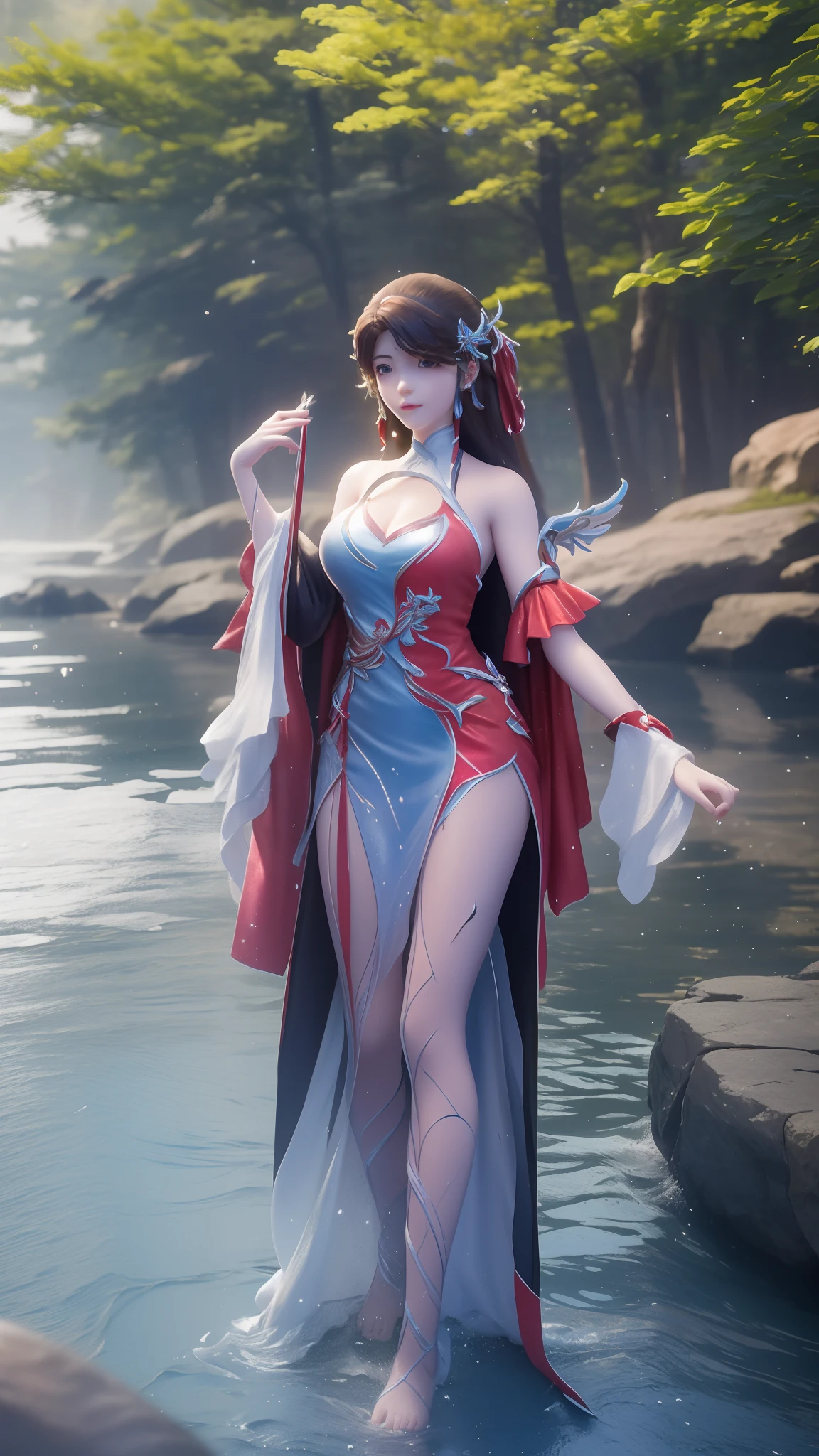 Arapei in a blue and white dress stood in the water, Anime girl walking on water, closeup fantasy with water magic, azur lane style, trending on cgstation, Anime girl cosplay, seraphine ahri kda, Splash art anime Loli, trending at cgstation, realistic water, water fairy, WLOP and Sakimichan