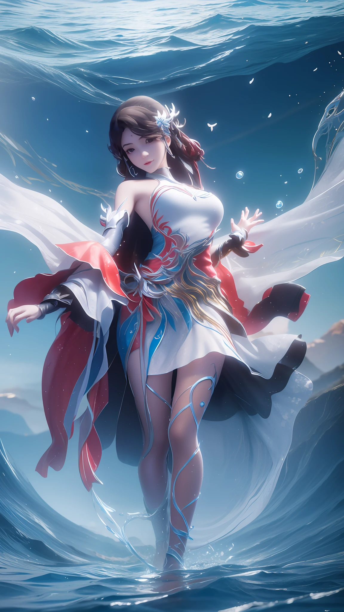 Arapei in a blue and white dress stood in the water, Anime girl walking on water, closeup fantasy with water magic, azur lane style, trending on cgstation, Anime girl cosplay, seraphine ahri kda, Splash art anime , trending at cgstation, realistic water, water fairy, WLOP and Sakimichan