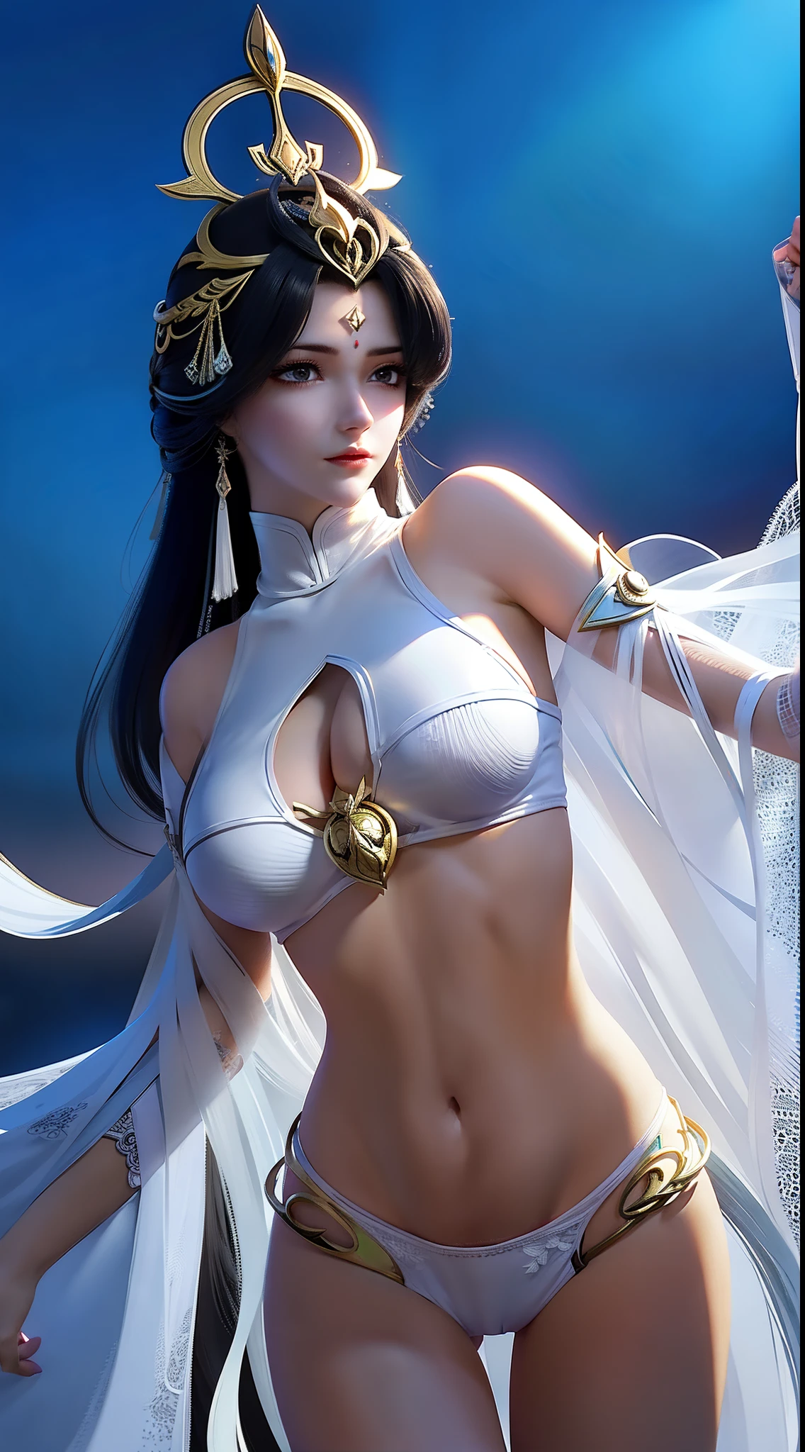 tmasterpiece，Need，（（A girl）），Wearing a milky white bikini，White lace bra，huge tit，Open abdomen，Bare thighs，perfect bodies，largeeyes，Smart，（black color hair），long whitr hair，hair adornments，Ji hair style，eardrop，Be red in the face，is shy，prette，facing to audience，facing at camera，full bodyesbian，Above the calves，Old city background，The end of the world，run-down，Silence，Lifeless，Graphics card rendering，depth of fields，midday，wallpaper hd，The most intricate details，Highest high resolution，best illuminate，best qualtiy，Faraway view，closeup of face