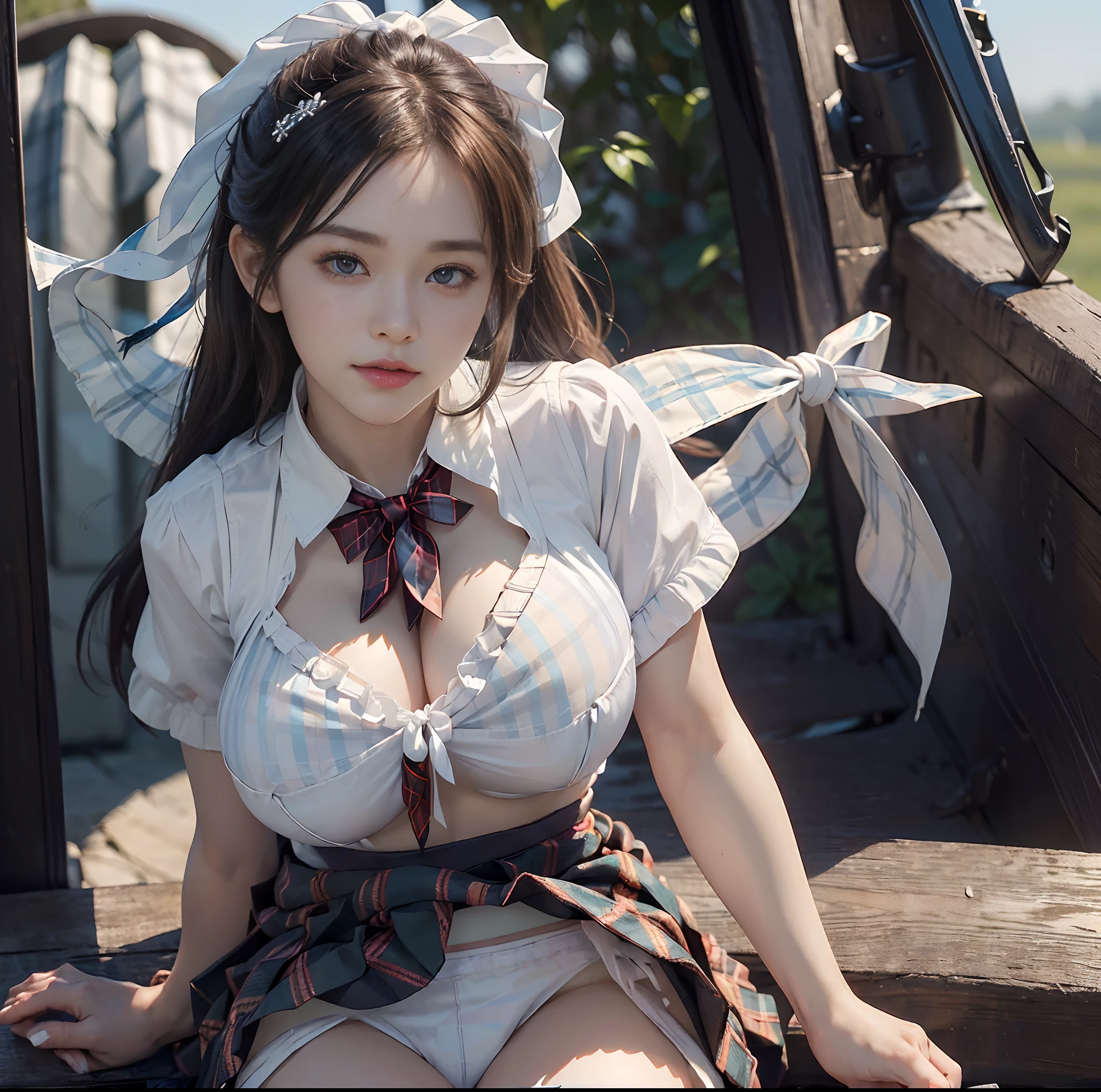 (top-quality、masterpiece)、(Realistic lighting with shadows)、elegent、(A hyper-realistic:1.5)、Stylish, canny, traditional, artistic, intricate detailes、(Perfect anatomical depiction of the human body)、1girl in, ( Huge breasts :1.5), She is a age girl、Beautiful bright blue eyes squinting dazzlingly、Small lips without lipstick、Brunette hair fluttering in the wind、She has half-up hair that shines in the backlight of the setting sun, Eta、She is a schoolgirl summer outfit、 (The skirt is a tartan plaid micro mini pleat:1.5)、(Neat white blouse and white panties:1.5)、 (Thin crimson ribbon ties:1.5), tightly closed from neck to skirt, So you can't see the skin., So the girl's breasts are not exposed at all.、(The blouse is very cramped because the chest is so large:1.5)、 (She's in a sexy pose、It is very bewitching and beautiful:1.5)、Beautiful flowers blooming in the garden at sunset、This photo was taken with a cute smile with narrowed eyes as if a wonderful flower was blooming in front of me.., (Pull up the skirt with your hands to show the panties from the front:1.5), (the face is chubby:1.3), perfect anatomia, A detailed face, close up of face, irene1,