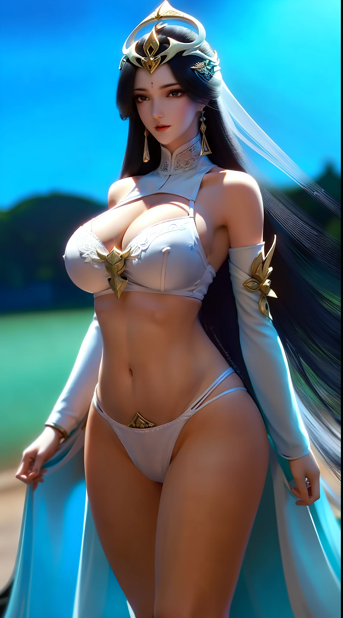 tmasterpiece，Need，（（A girl）），Wearing a milky white bikini，White lace bra，huge tit，Open abdomen，Bare thighs，perfect bodies，largeeyes，Smart，（black color hair），long whitr hair，hair adornments，Ji hair style，eardrop，Be red in the face，is shy，prette，facing to audience，facing at camera，full bodyesbian，Above the calves，Old city background，The end of the world，run-down，Silence，Lifeless，Graphics card rendering，depth of fields，midday，wallpaper hd，The most intricate details，Highest high resolution，best illuminate，best qualtiy，Faraway view，closeup of face