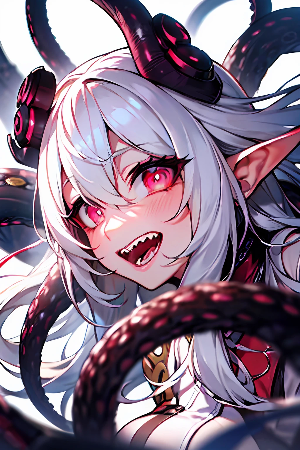 White hair，huge tentacles，many tentacles，Many octopus claws，hoang lap，uncanny，with multiple eyes，Tentacles have eyes，Perfect face，huge size eyes，red color eyes，opens his eyes wide，Motion blur，actionpose，dynamic blur，tmasterpiece，Rich graphics，Storytelling images，high qulity，blurryforeground，A high resolution，high detal