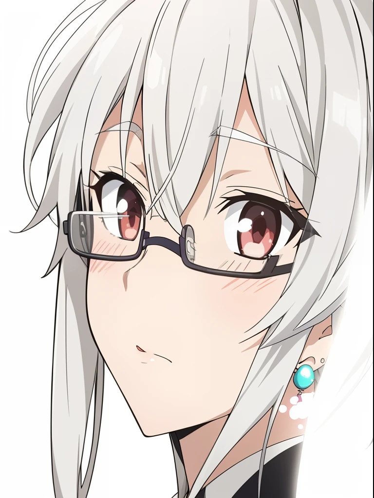 1girl, solo, (masterpiece:1.2, best quality), glasses, ((rim-less eyewear)), anime character with white hair and earrings looking at something, a silver haired mad, white haired deity, yoko taro, neferpitou, nagito komaeda, nyaruko-san, kaworu nagisa, white haired, shiro from deadman wonderland, white-haired, inspired by Okumura Togyu, as an anime character, silver haired