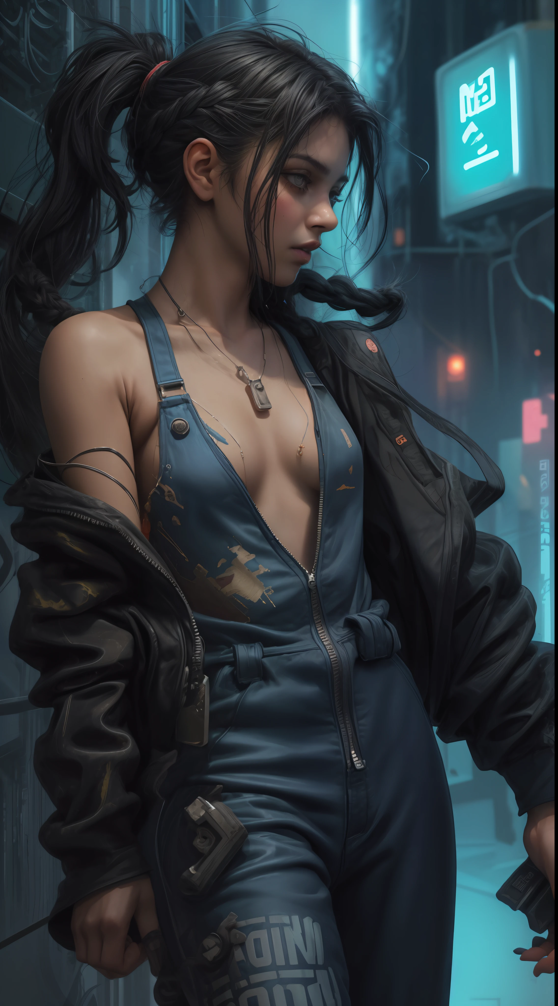 1 Egyptian 18-year-old girl on profile ,close up angle, braid hair , Sexy short jumpsuit clothes,( torn shirtless jumpsuit),seios grandes , ,fundo cidade cyberpunk neon a noite ,8K Ultra realista