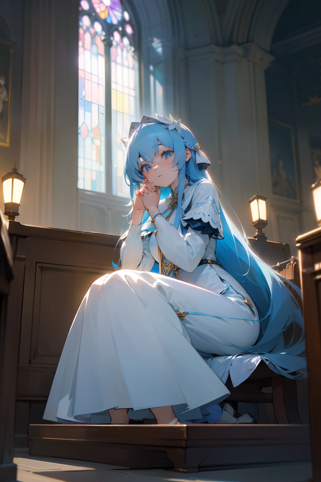 Raw photography, top-quality, masterpiece, extremely delicate and beautiful, ighly detailed, nffsw, Unity, 8k wallpaper, amazingly detail, detaile, masterpiece, top-quality, Official art, Highly detailed ticker Unity 8k wallpaper, ultra-detailliert, hight resolution, ighly detailed, Clair, Focus, (top-quality), (realisitic, Photorealsitic:1.6), 8K, Soft lighting, hightquality, lighting like a movie, 1girl in, Kamimei,huge tit、 full body Esbian, Light blue hair, (perspiring:1), Perfect fingers、Sister clothes、length hair、sitting on、inside a church