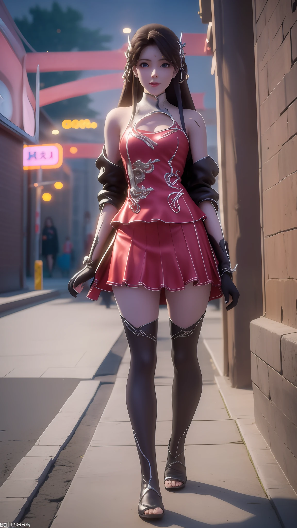 There is a woman in a short skirt and jacket posing for a photo, Surrealism female students, Surrealism female students, Realistic schoolgirl, photorealistic anime girl rendering, small curvaceous ****, thighhighs and skirt, 3 d anime realistic, highly detailed giantess shot, Photorealistic anime, photorealistic full body, [ 4 K photorealism ]!!