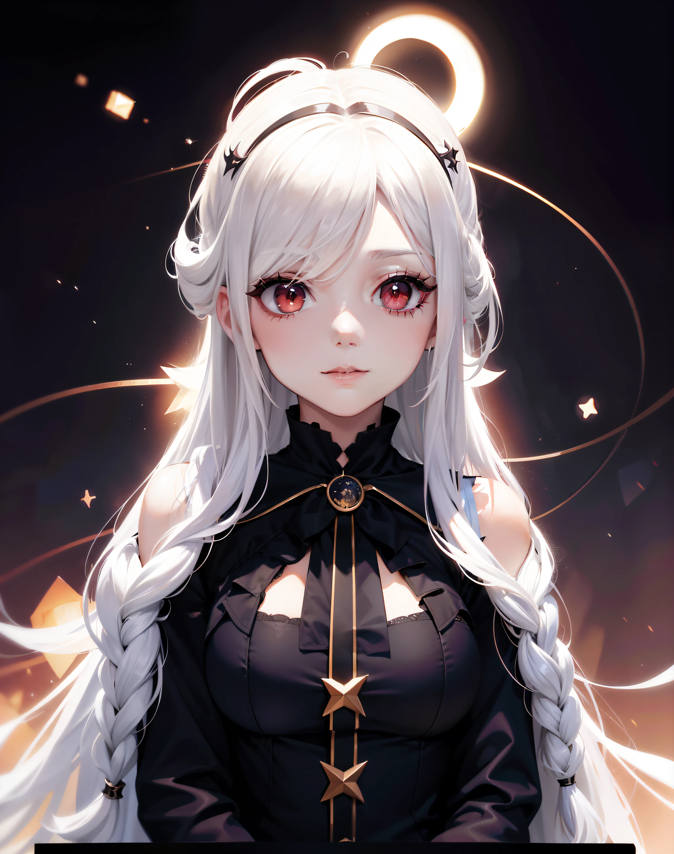 Need,tmasterpiece,long white hair,red color eyes,Gothic clothing,The upper part of the body,Hairline,By bangs,Fair skin,tmasterpiece,(middlebreast:1.5),ssmile,exteriors,(meteors:1.2),(Starcloud:1.5),(glowworm:1.5),Highest high resolution,Highest image quality