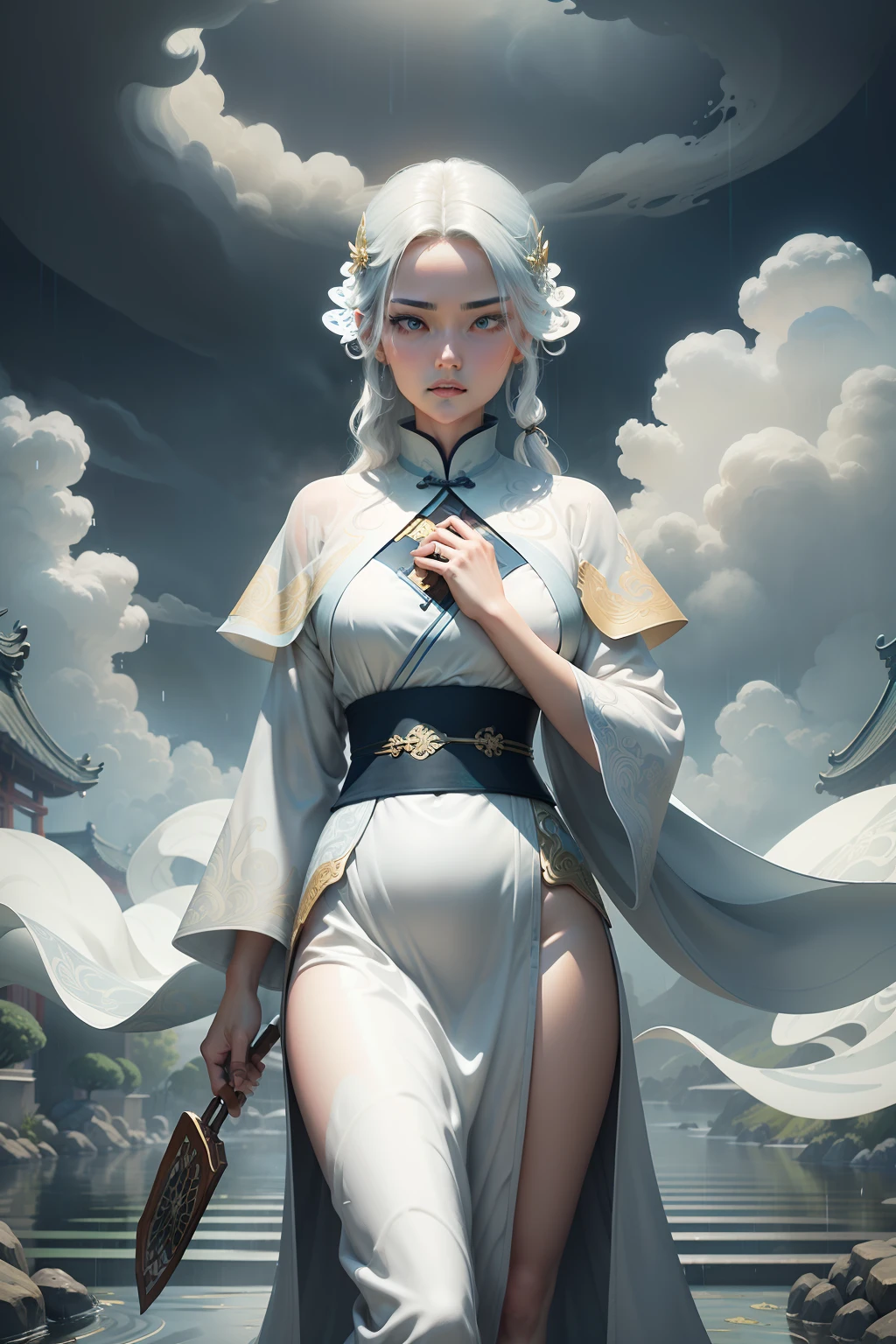 Cover of Xiuxian novel，raining day，under rain，mtu，White hair and white clothes，Wearing a Taoist robe，Transparent fan in hand，There are clouds and rain on the fan，It's like being blown by the wind，Naturally occurring the same，cultivating immortals。Close-up of blue and green waves with gold border, ornate border + concept-art, Art Nouveau 3D curves and swirls, stylized layered shapes, ornate and flowing, art nouveau environment, Digital painting | Intricate, stylised painting, stylised storm, Inspired by Philippe Witte, Art Nouveau background, Art Nouveau vortex, stylized linework，Set in ancient China